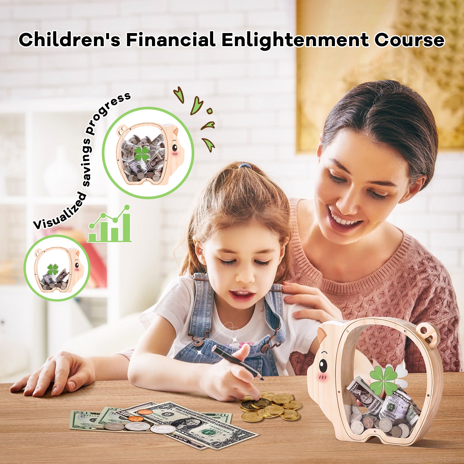 Wooden Piggy Bank - Classic Money Keeper with Modern Transparent Design