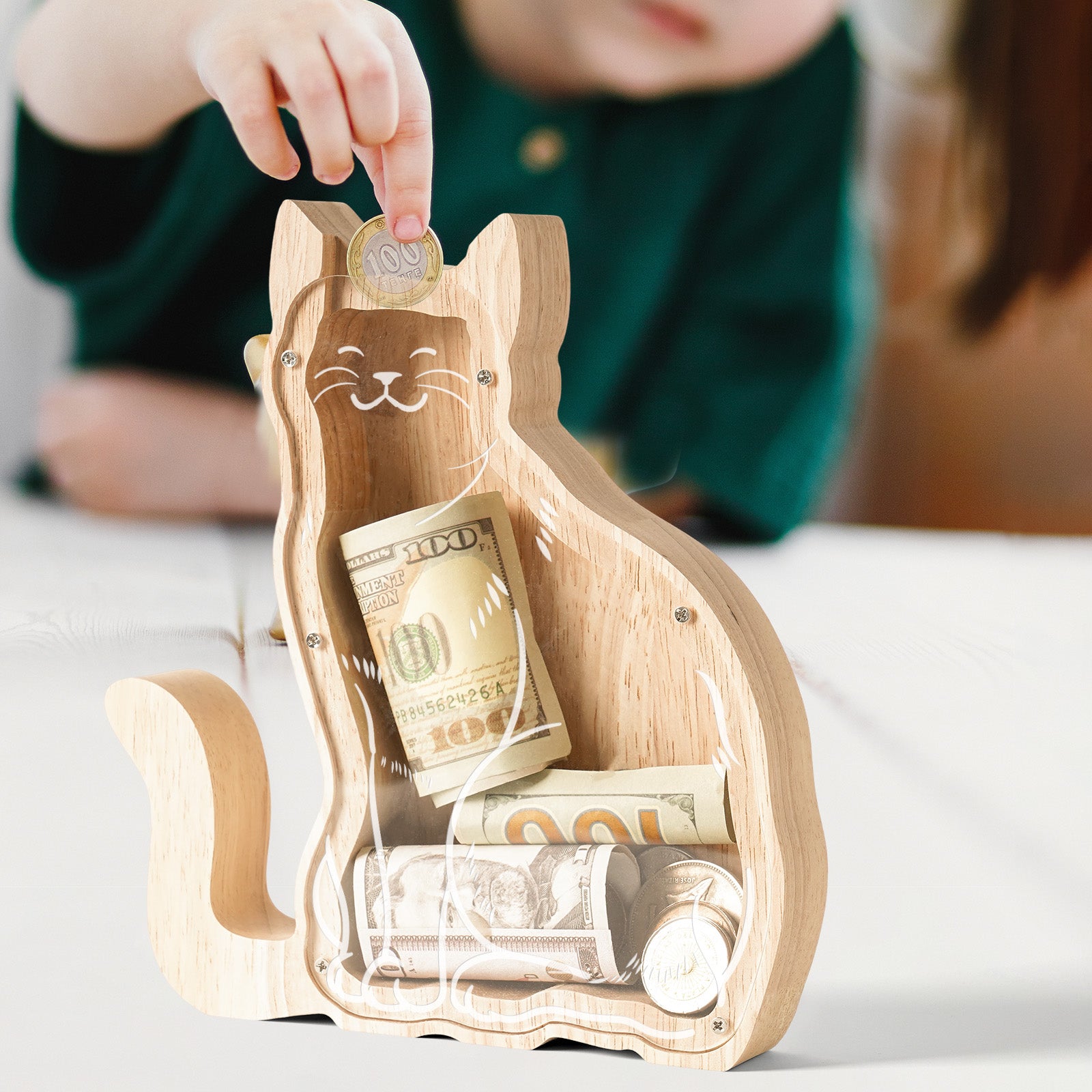 Wooden Cat Piggy Bank: Animal Style, Indestructible, Perfect Gift