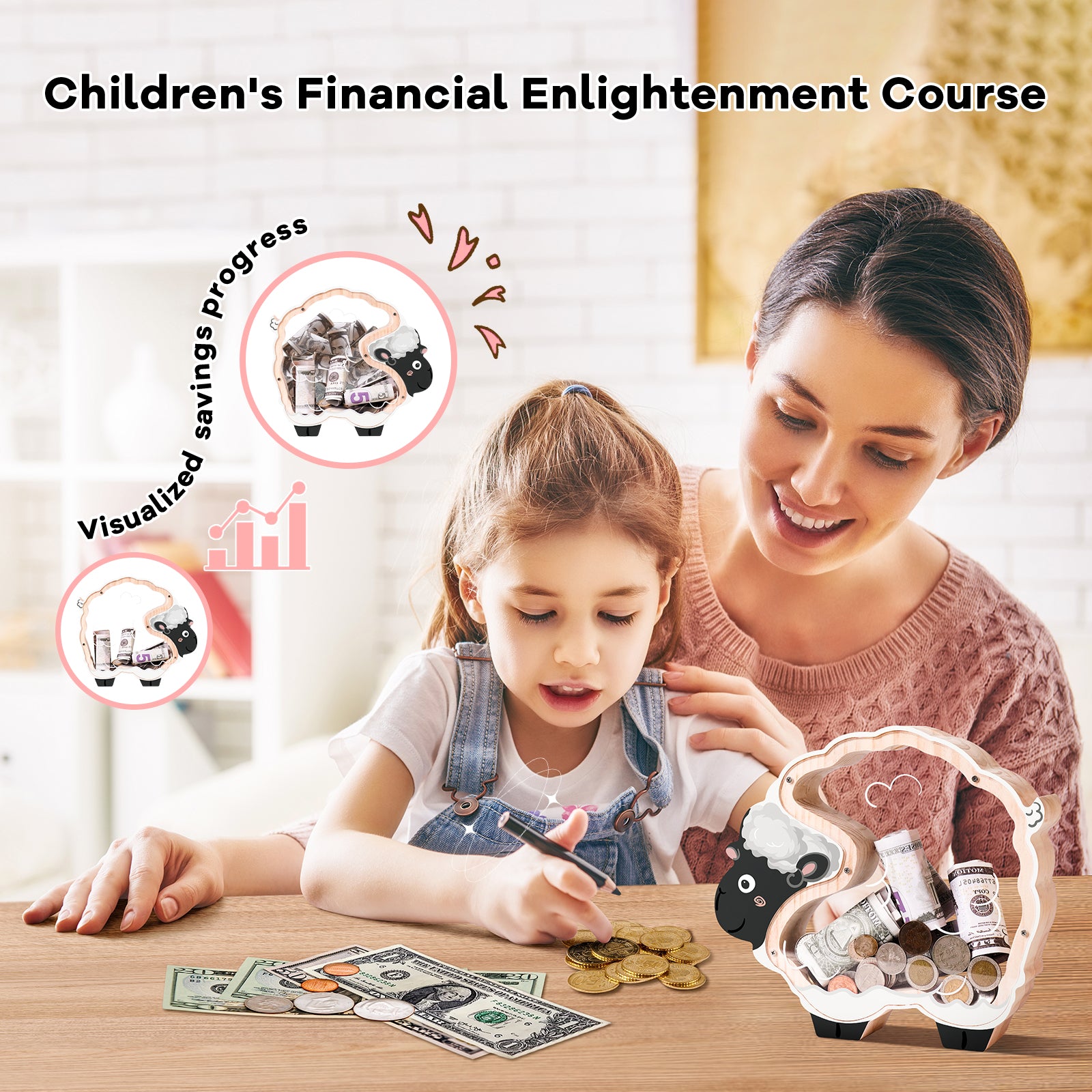 Double-Sided Clear Sheep Wooden Coin Bank – Cute & Educational Gift for Kids and Families