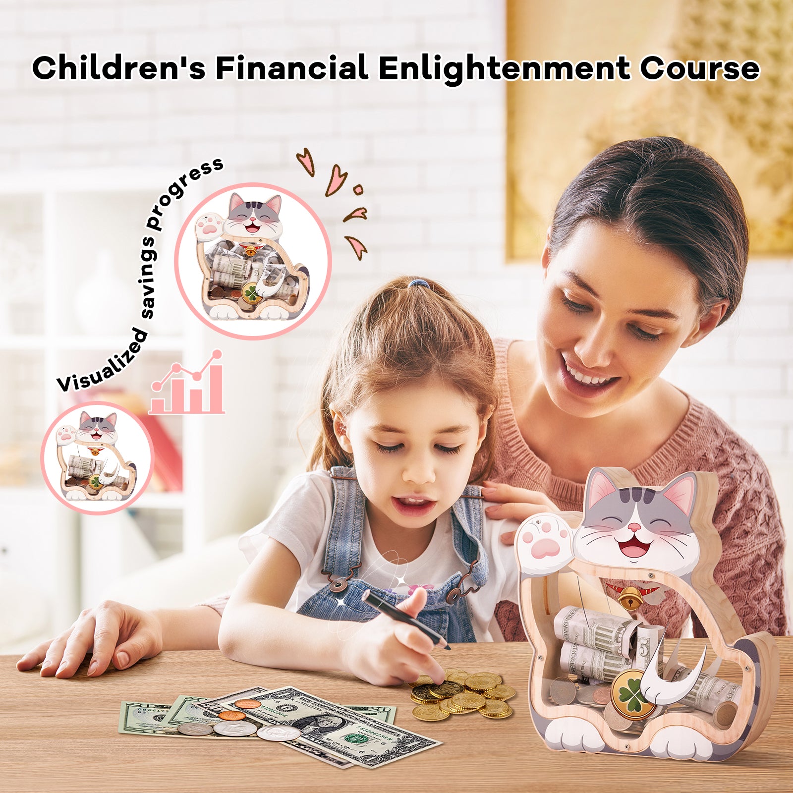 Cat Piggy Bank - Adorable Dual-View Money Box with Personalization Stickers