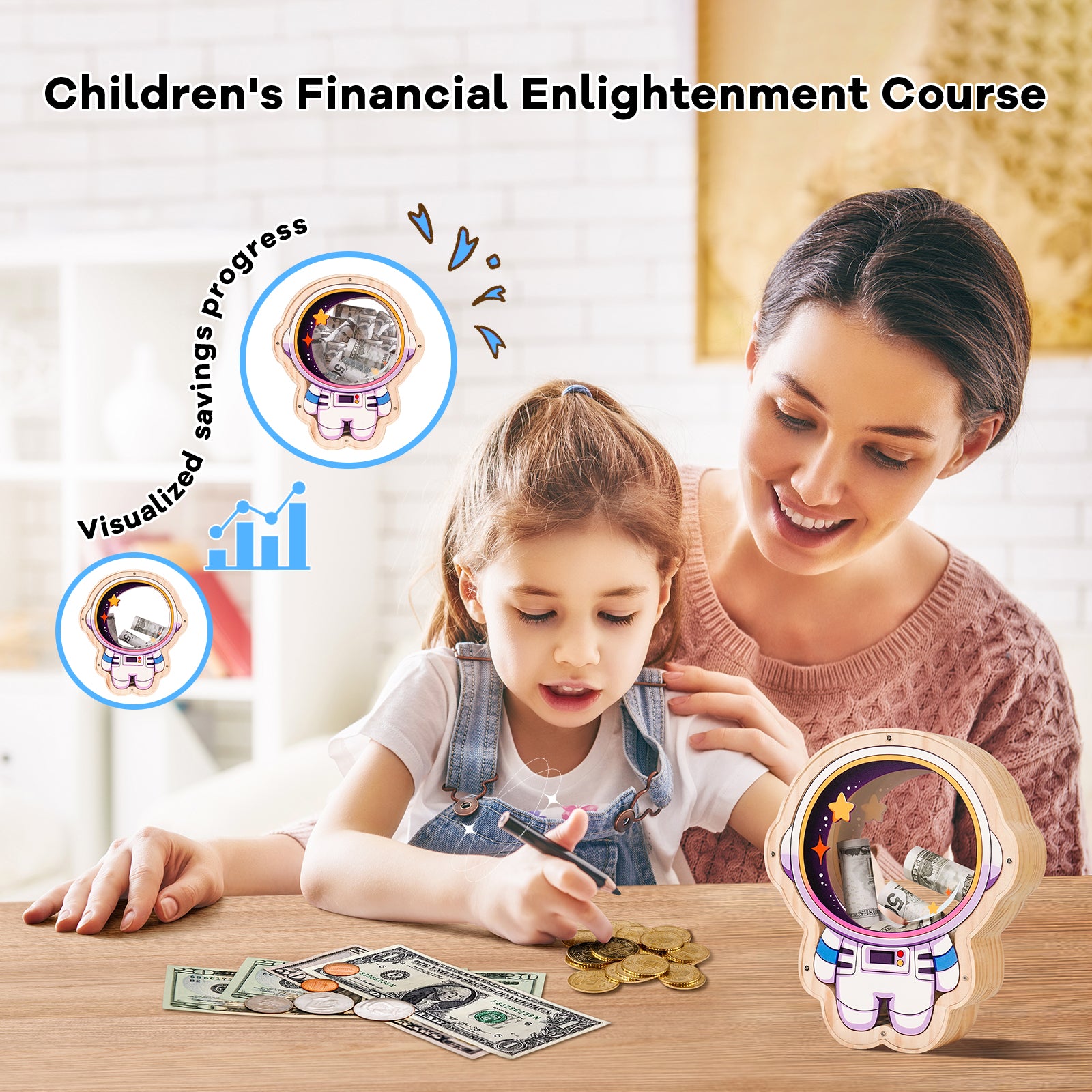 Wooden Astronaut Piggy Bank for Kids – Transparent Acrylic Money Box, Real Wood Space-Themed Coin Bank Gift