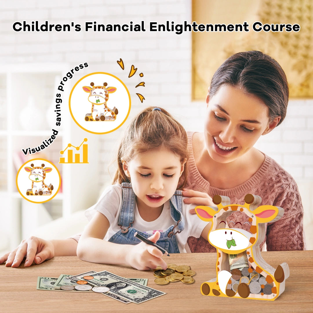 Wooden Giraffe Piggy Bank for Kids – Transparent Acrylic Money Box