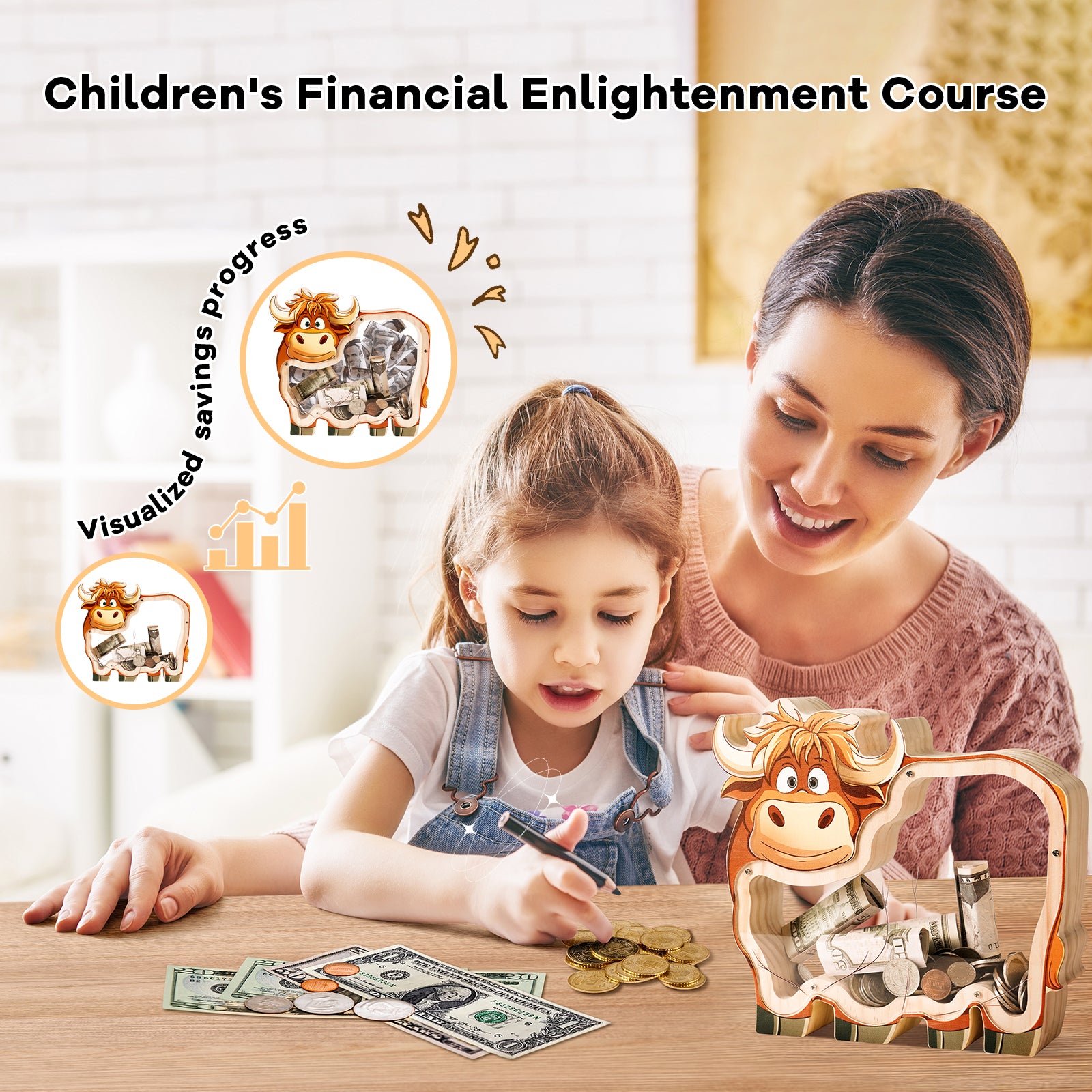 Wooden Cow Piggy Bank - Adorable Barnyard Money Keeper with Transparent Panels