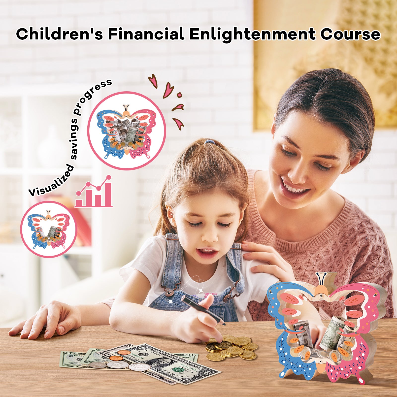 Butterfly Transparent Wooden Coin Bank – Double-Sided Acrylic Design, Whimsical Gift for Kids & Families