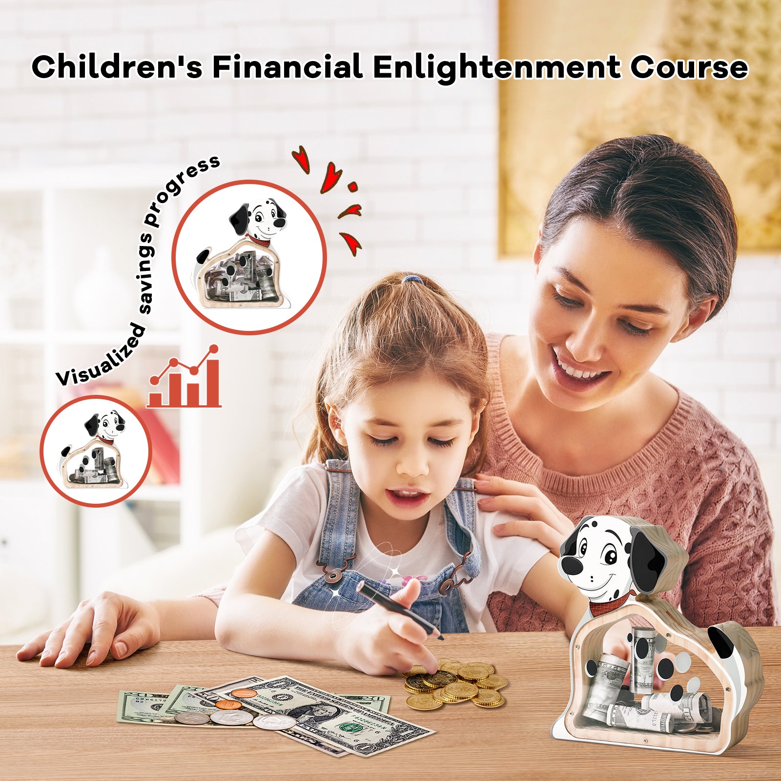 Wooden Dog Piggy Bank - Spotted Savings Fun with Personalization Stickers