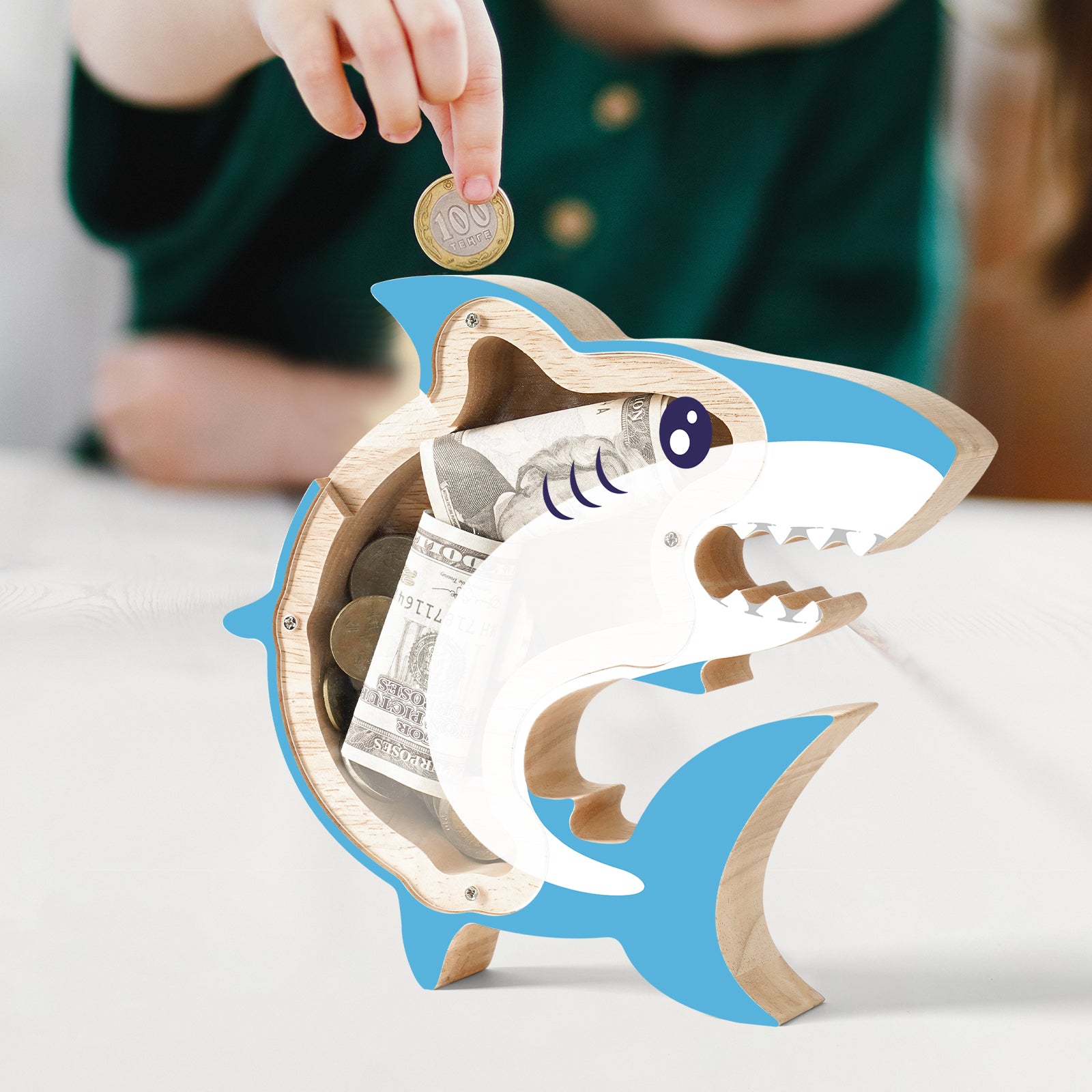 Wooden Shark Piggy Banks for Kids, Adorable Shark Piggy Bank with Acrylic Panels, Unbreakable Toddler Money Box for Boys Girls, Cute Saving Coin Jar for Birthday, Décor