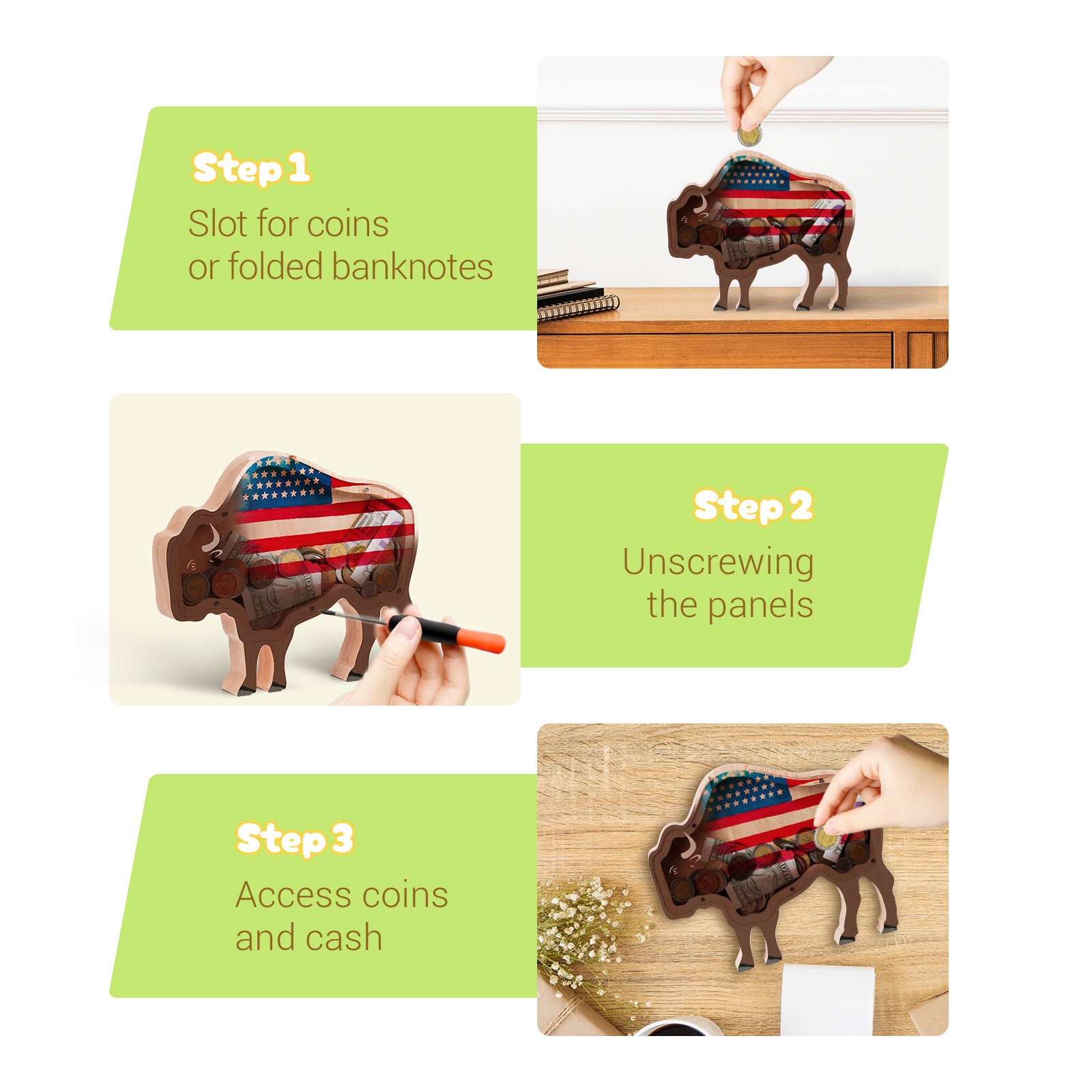 Wooden Bison Piggy Bank – Fun & Safe Money Box for Kids & Bull Lovers