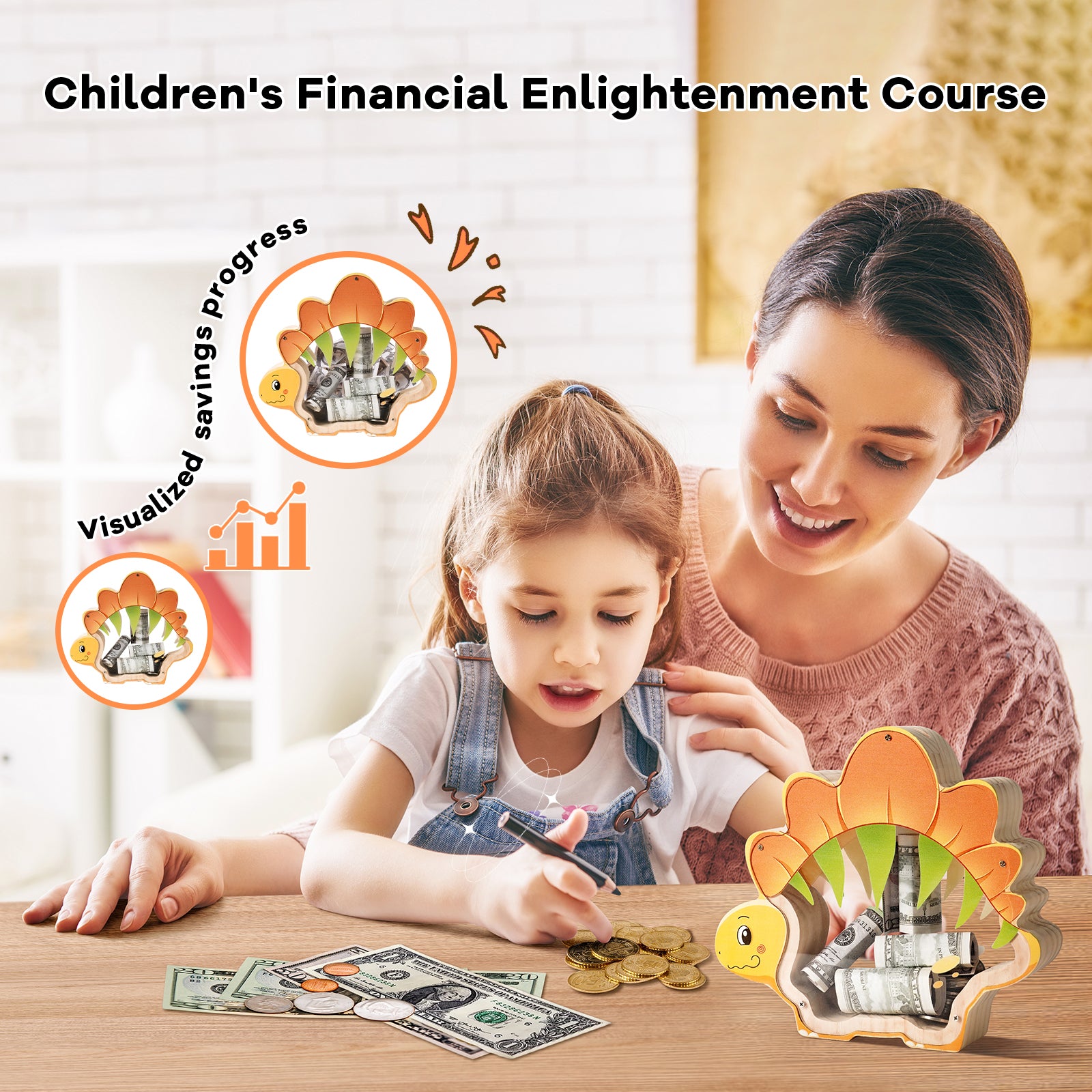 Wooden Stegosaurus Piggy Bank - Prehistoric Savings Fun with Personalization Stickers