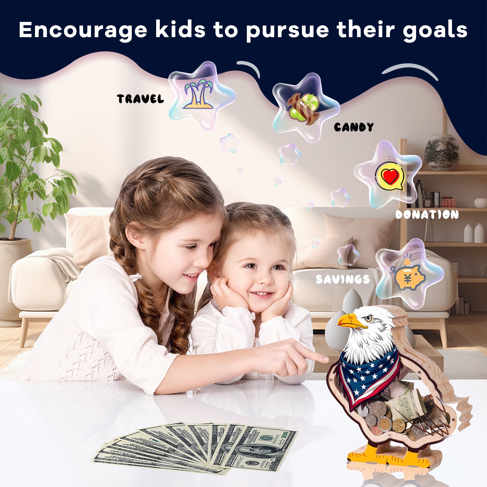 American Eagle Wooden Coin Bank – Patriotic Gift for Kids, Grandchildren, and Families