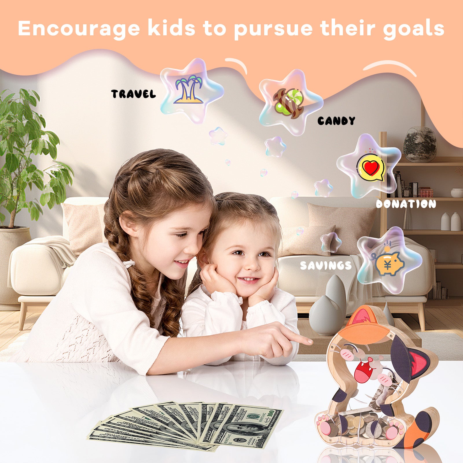 Wooden Cat Piggy Bank for Kids, Cute Money Box with Acrylic Panels, Unbreakable Toddler Saving Coin Jar for Boys Girls, Kids Coin Bank with Letter Sticker for Birthday, Christmas, Home Décor