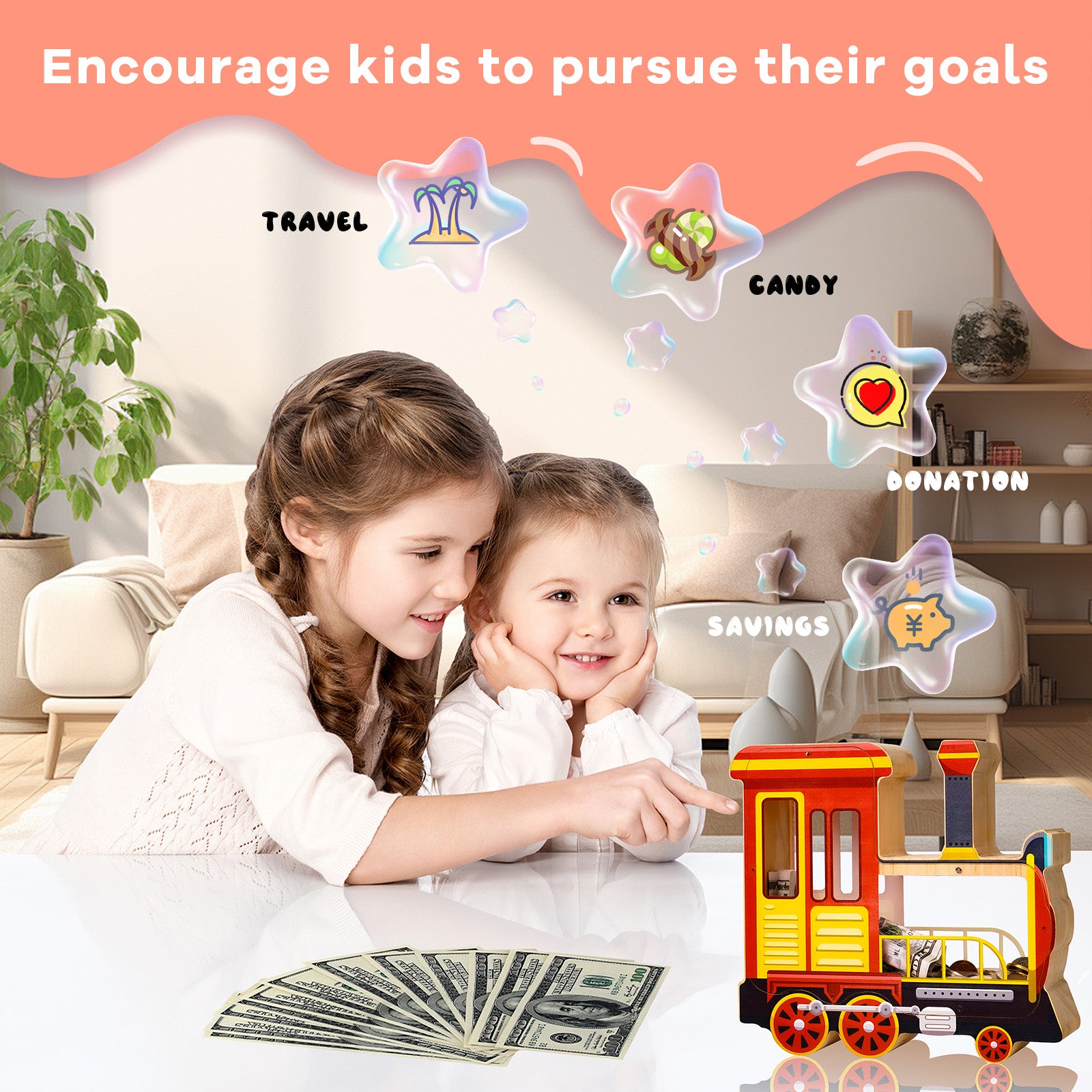 Wooden Locomotive Piggy Bank for Kids, Train Money Box with Acrylic Panels