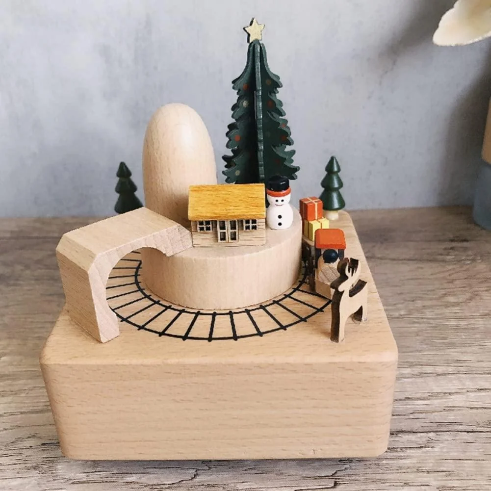 Wooden Christmas Music Box - Enchanting Rotating Train & Holiday Decor