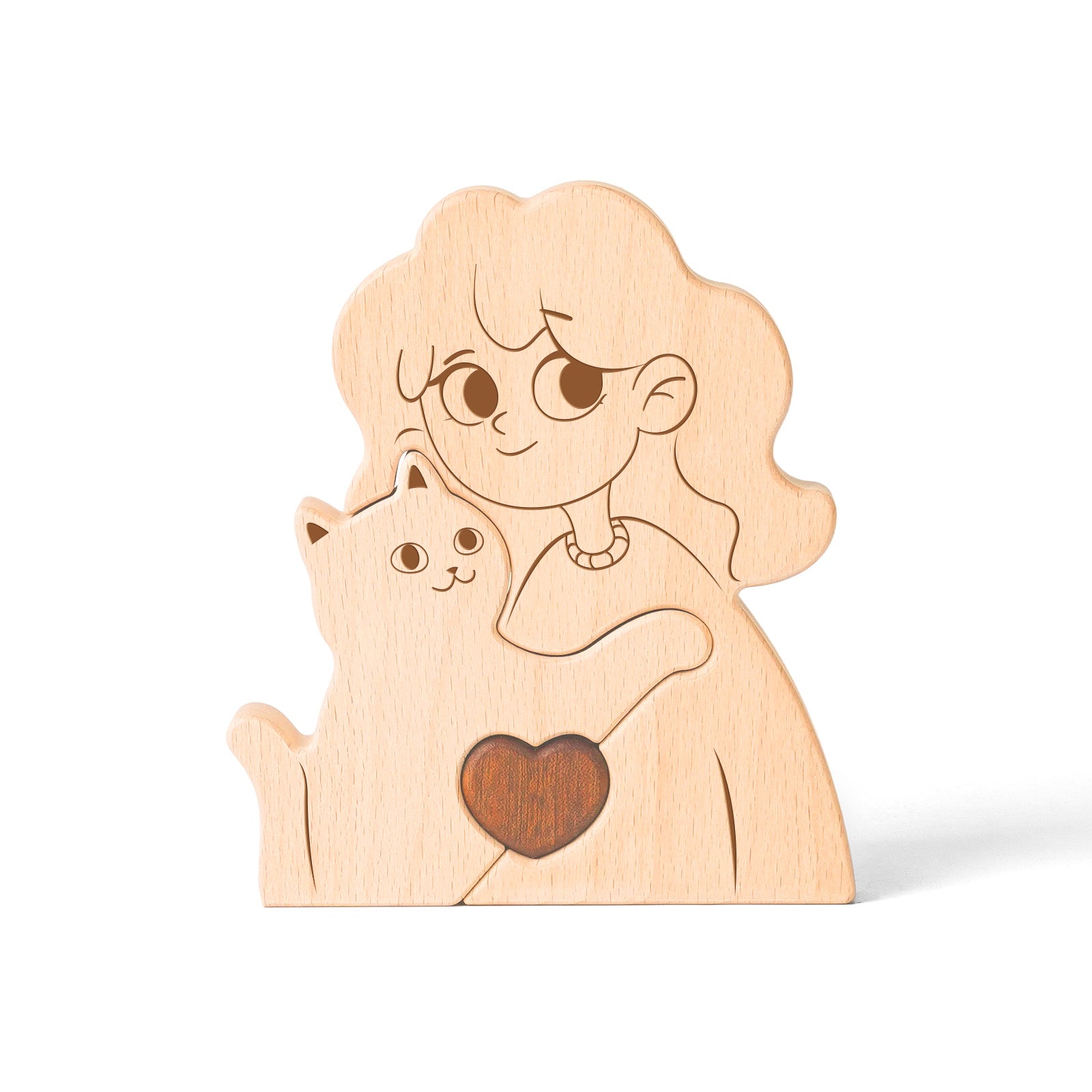 Wooden puzzle of boys/girls and cats, home craft decoration, warm gift