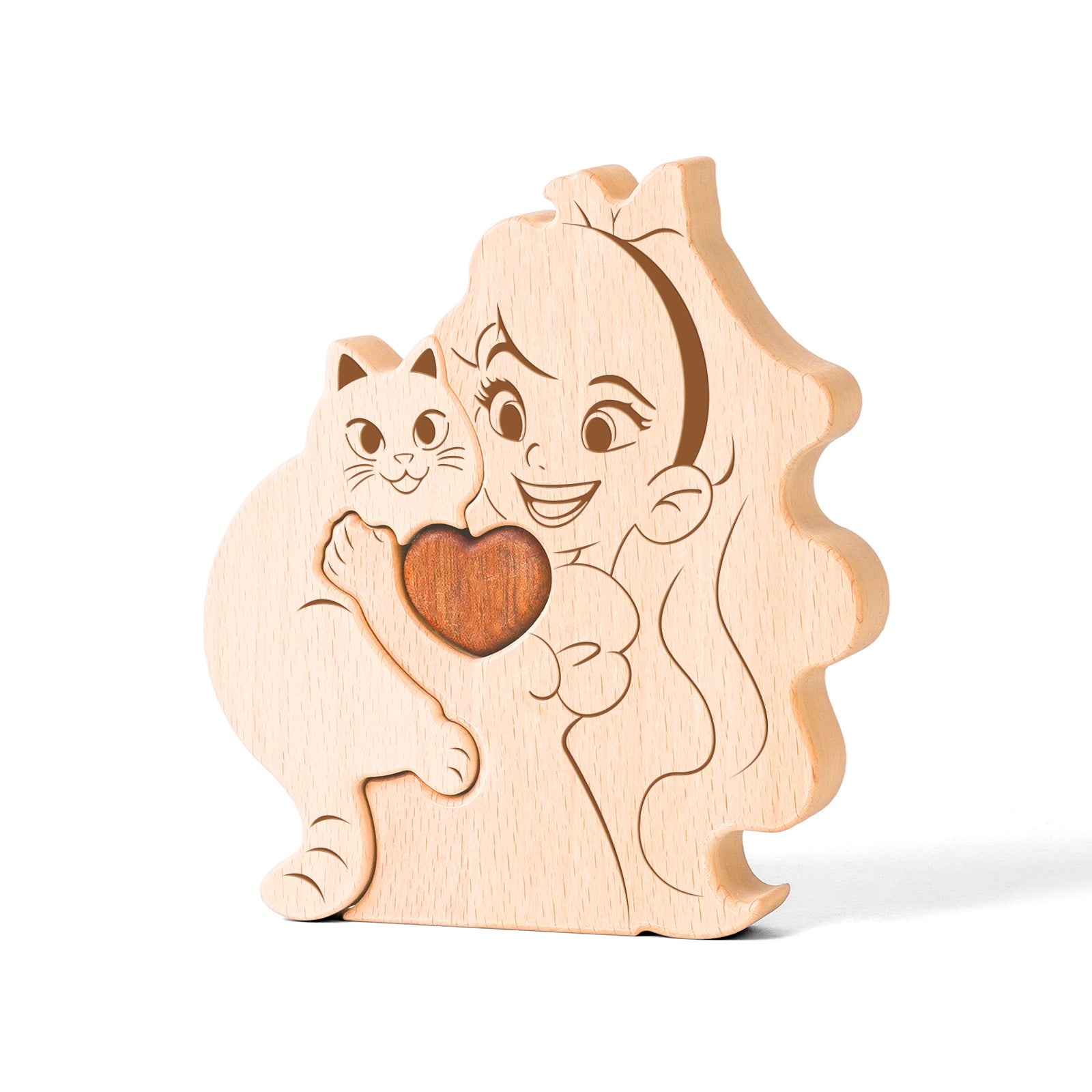 Wooden puzzle of boys/girls and cats, home craft decoration, warm gift