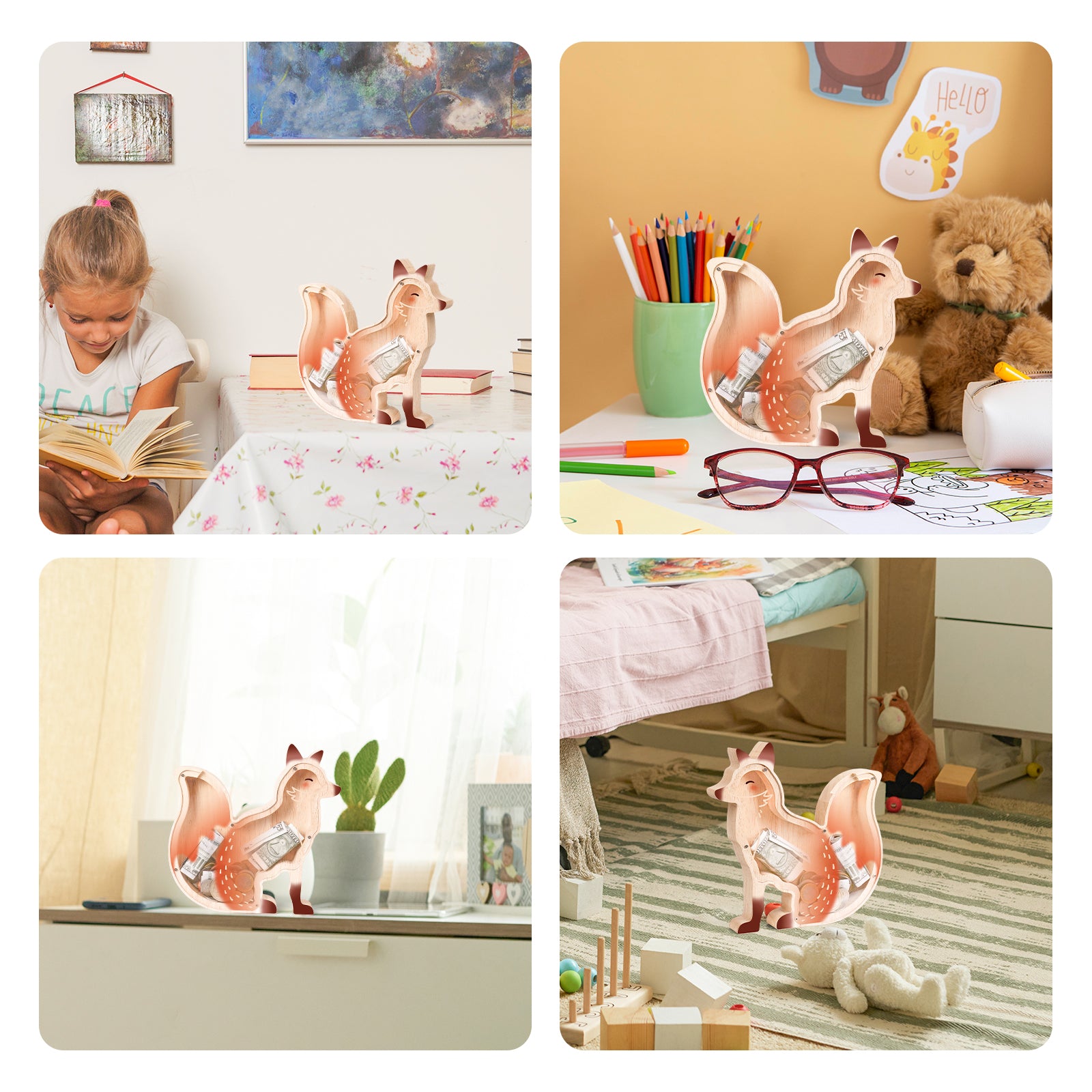 Wooden Fox Piggy Bank - Adorable & Safe Money Box for Kids & Fox Lovers