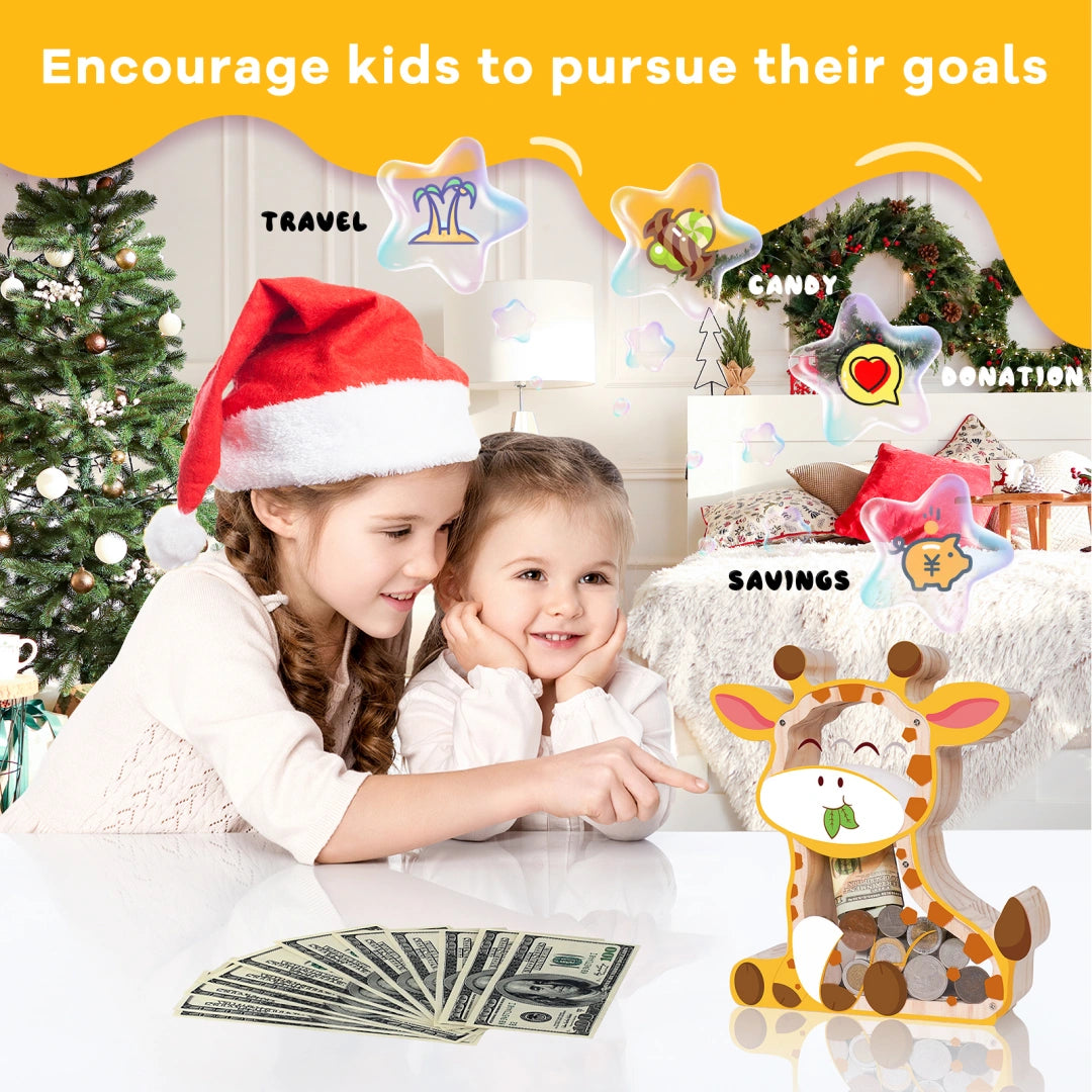 Wooden Giraffe Piggy Bank for Kids – Transparent Acrylic Money Box