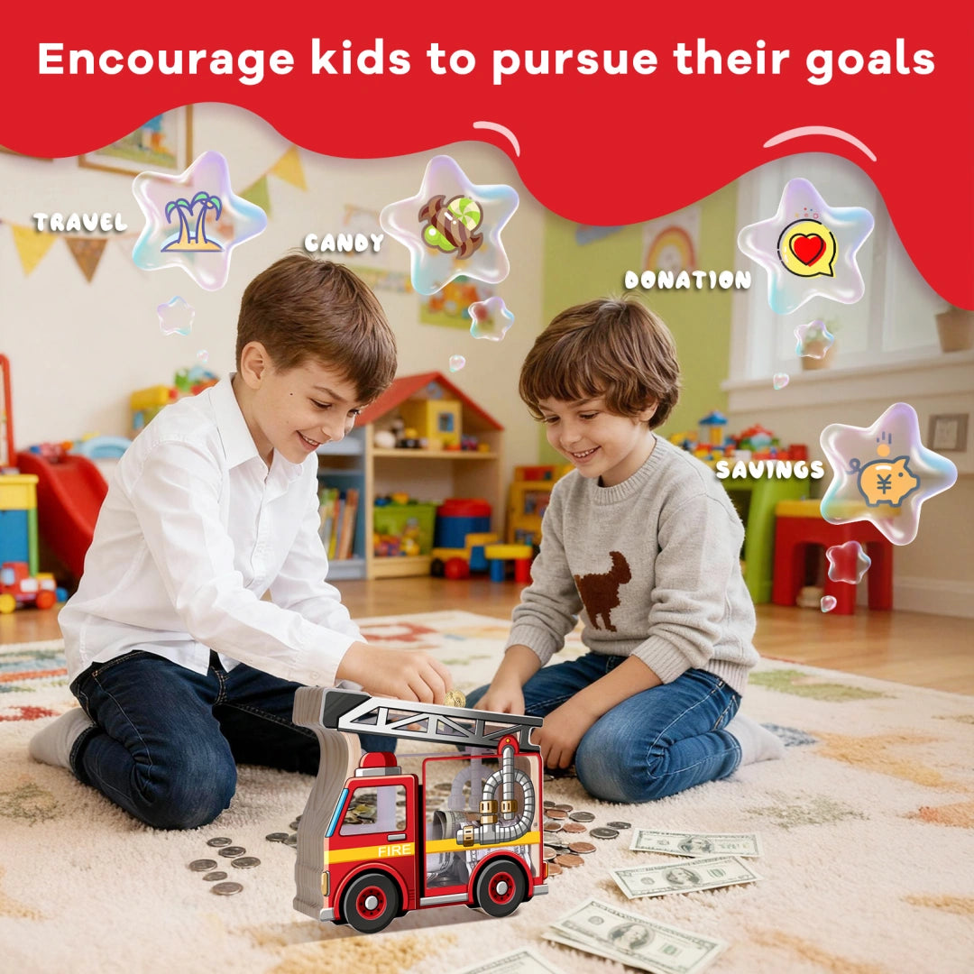 Wooden Piggy Bank for Kids, Fire Truck Piggy Bank with Acrylic Panels, Unbreakable Toddler Money Box for Boys and Girls, DIY Kids Safe Coin Box with Letter Sticker, Birthday Gift Visit the Uniwooder Store