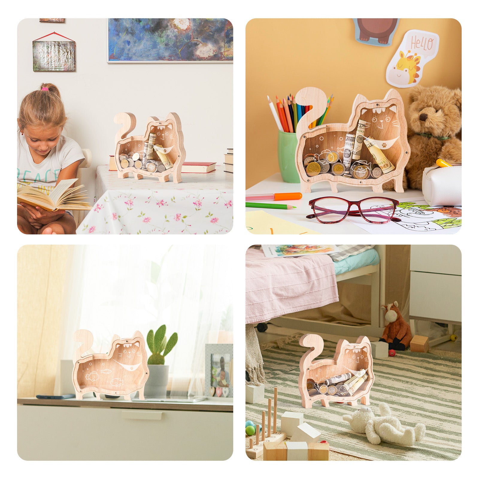 Wooden Cat Piggy Bank: Animal Style, Indestructible, Perfect Gift