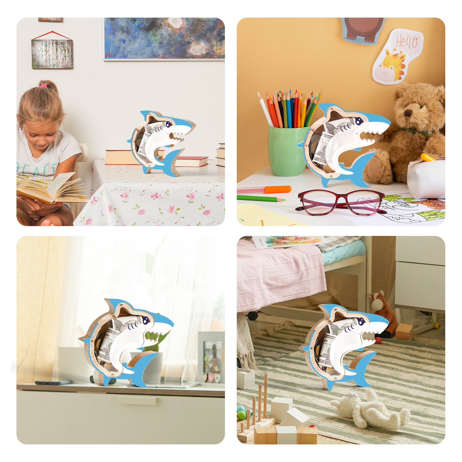 Wooden Shark Piggy Banks for Kids, Adorable Shark Piggy Bank with Acrylic Panels, Unbreakable Toddler Money Box for Boys Girls, Cute Saving Coin Jar for Birthday, Décor