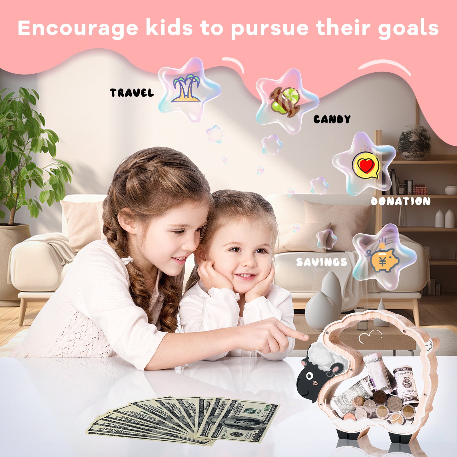 Double-Sided Clear Sheep Wooden Coin Bank – Cute & Educational Gift for Kids and Families