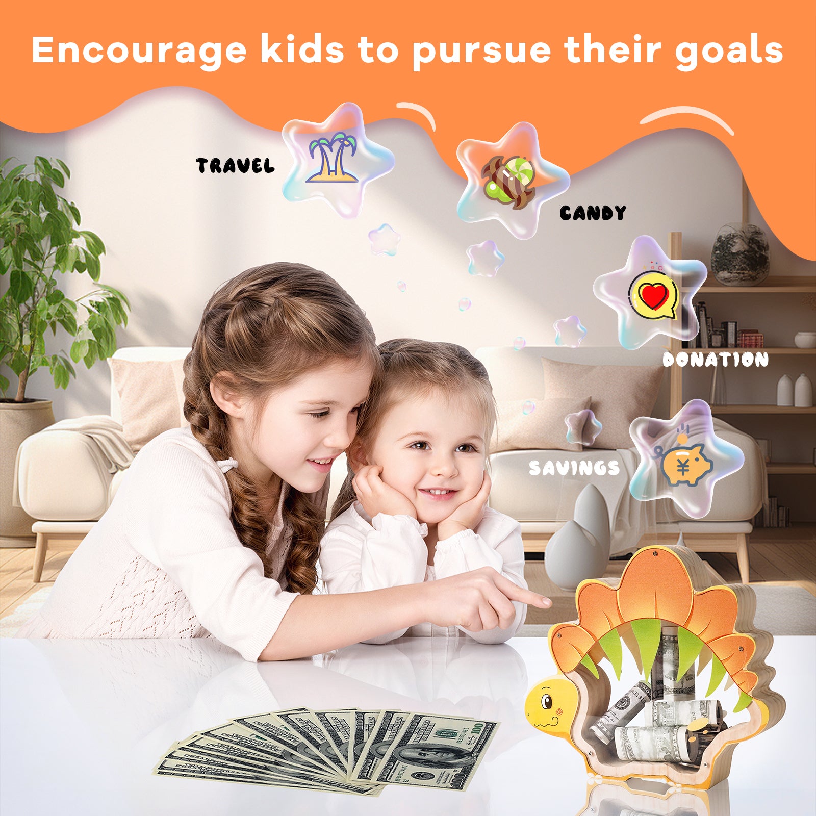 Wooden Stegosaurus Piggy Bank - Prehistoric Savings Fun with Personalization Stickers