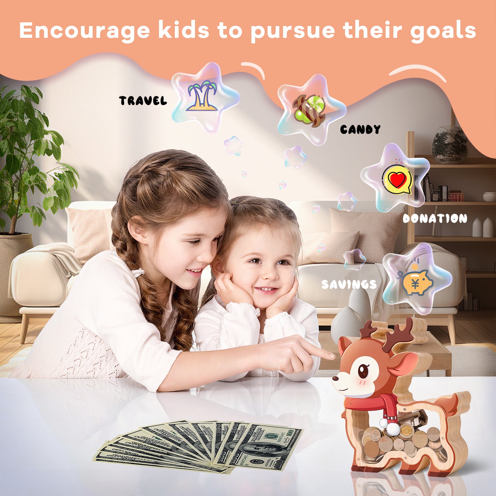 Wooden Reindeer Piggy Bank for Kids, Christmas Deer Money Bank for Boys Girls Toddler, Unbreakable Kids Money Box with Letter Sticker, Large Saving Coin Jar for Xmas Home Holiday Décor