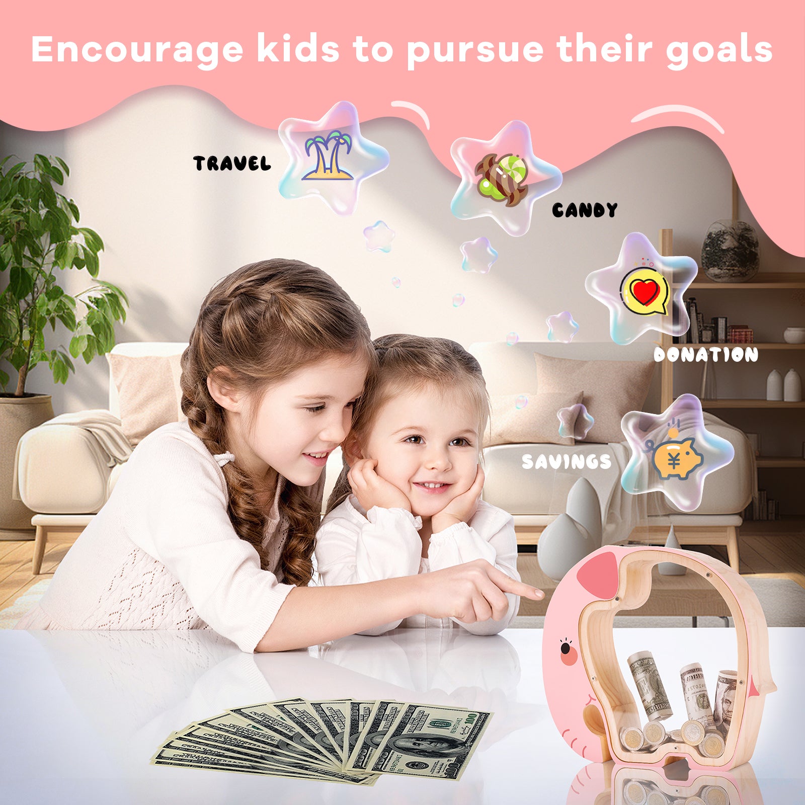 Wooden Elephant Piggy Bank - Adorable Dual-View Coin Keeper with Personalization Stickers