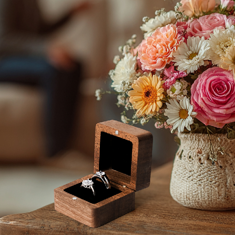 Classic Square Wooden Ring Box – Elegant Jewelry Gift Box for Engagement, Wedding & Proposal Storage