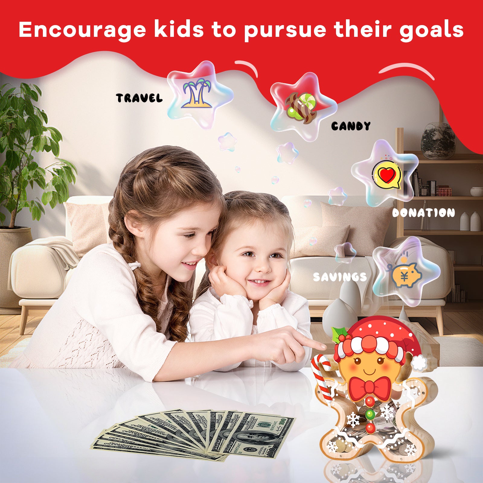 Wooden Christmas Piggy Bank for Kids, Gingerbread Man Money Bank