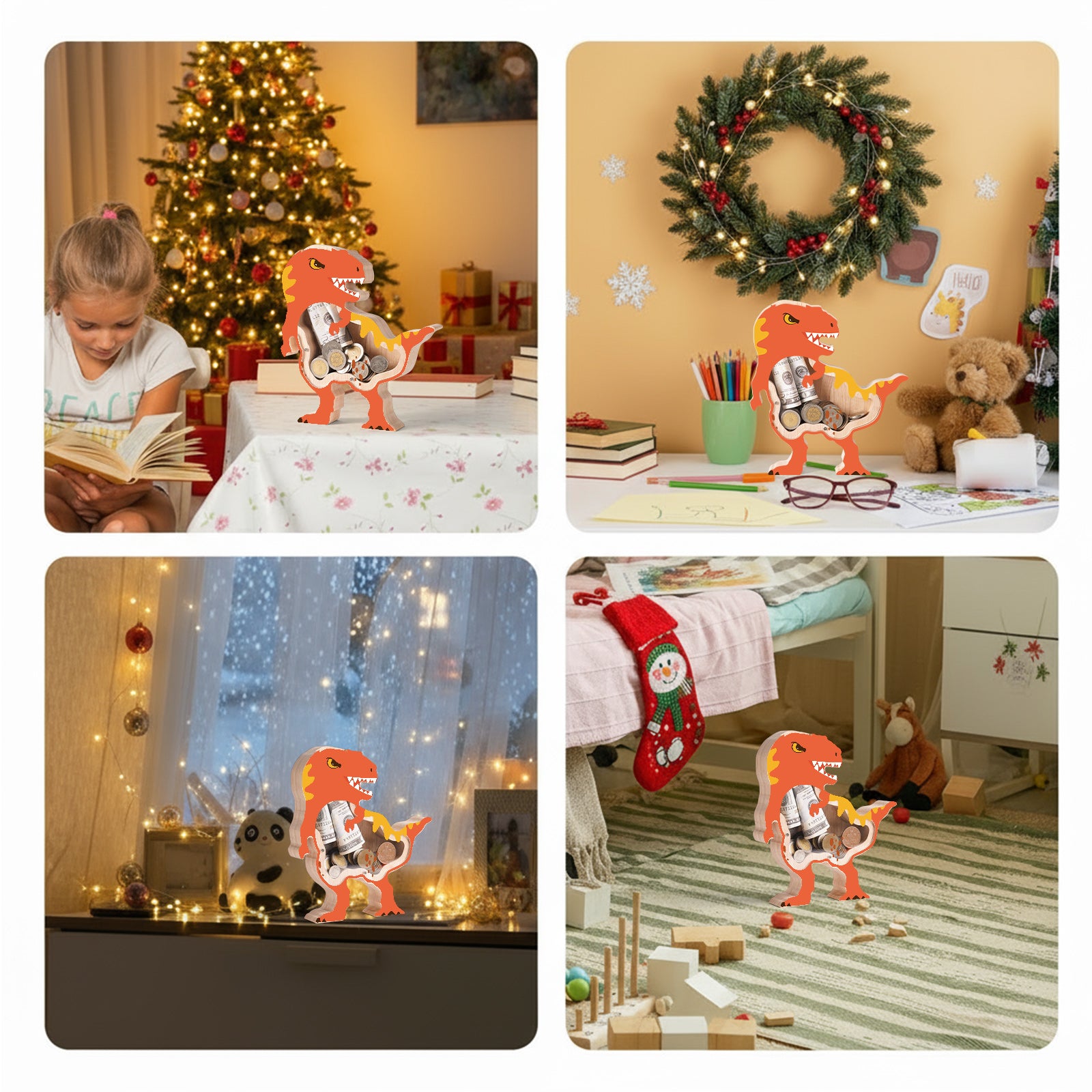 Wooden Dinosaur Piggy Banks for Kids, T-Rex Unbreakable Coin Bank with Acrylic Panels, Toddler Dino Money Bank for Boys Girls, Large Saving Coin Jar for Birthday, Christmas Décor