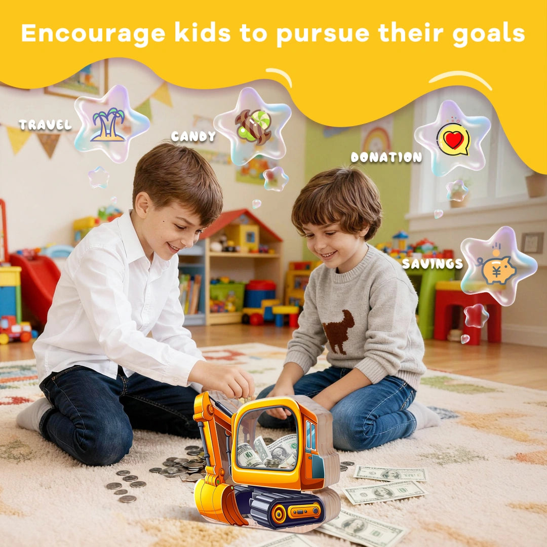 Wooden Excavator Piggy Bank for Kids,Tracked Excavator Money Box,Unbreakable Toddler Saving Coin Jar,Educatinal Toy for Boys Girls, Kids Coin Bank with Letter Sticker for Birthday,Christmas