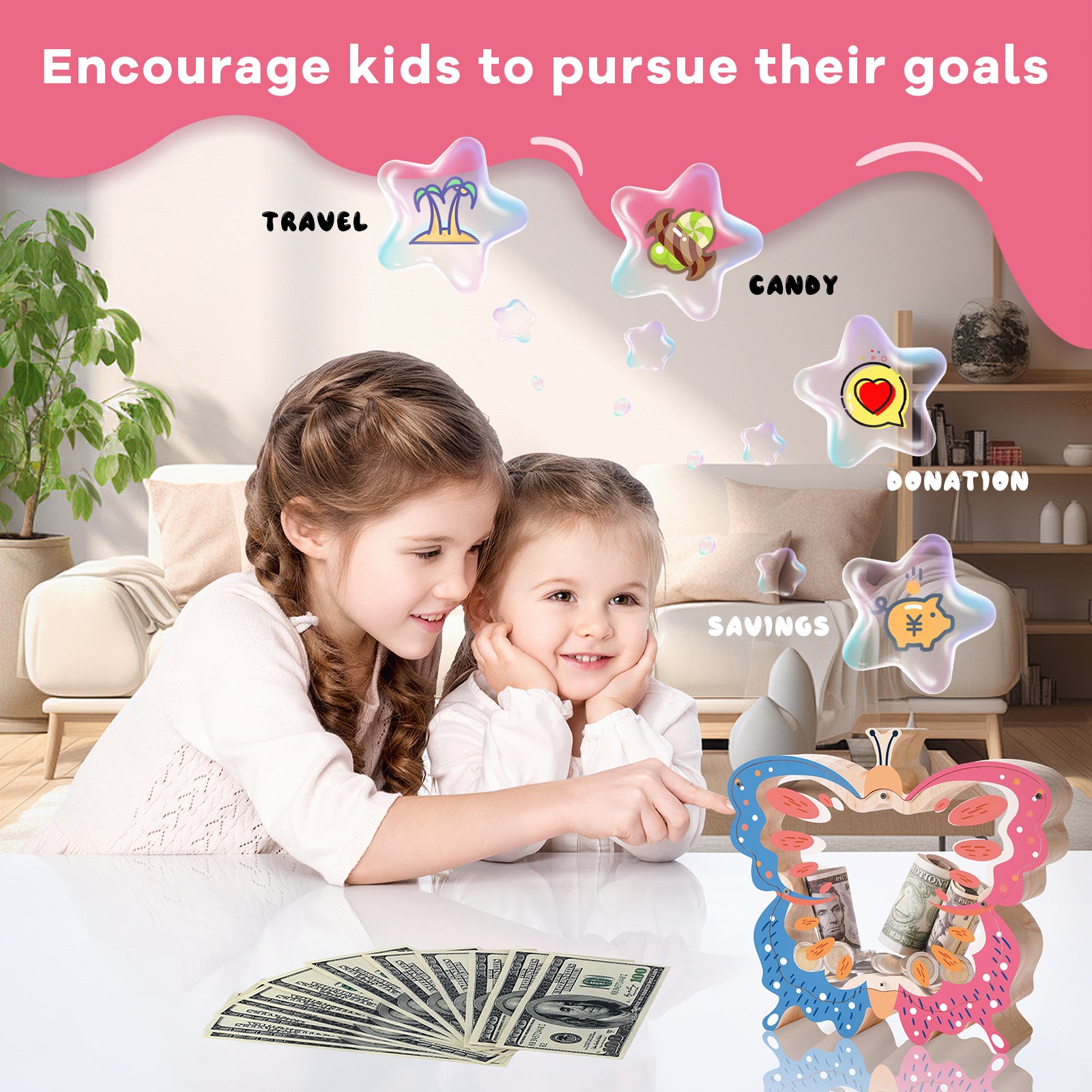 Butterfly Transparent Wooden Coin Bank – Double-Sided Acrylic Design, Whimsical Gift for Kids & Families