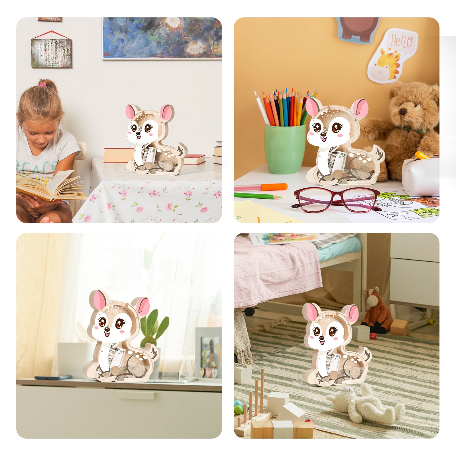 Wooden Deer Coin Bank with Clear Front – Cute Single-Sided Piggy Bank for Kids & Families