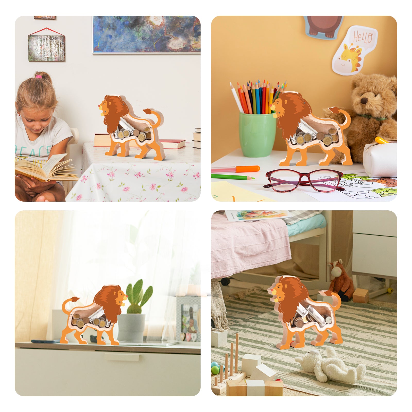 Wooden Lion Piggy Bank for Kids, Lion Piggy Bank with Acrylic Panels