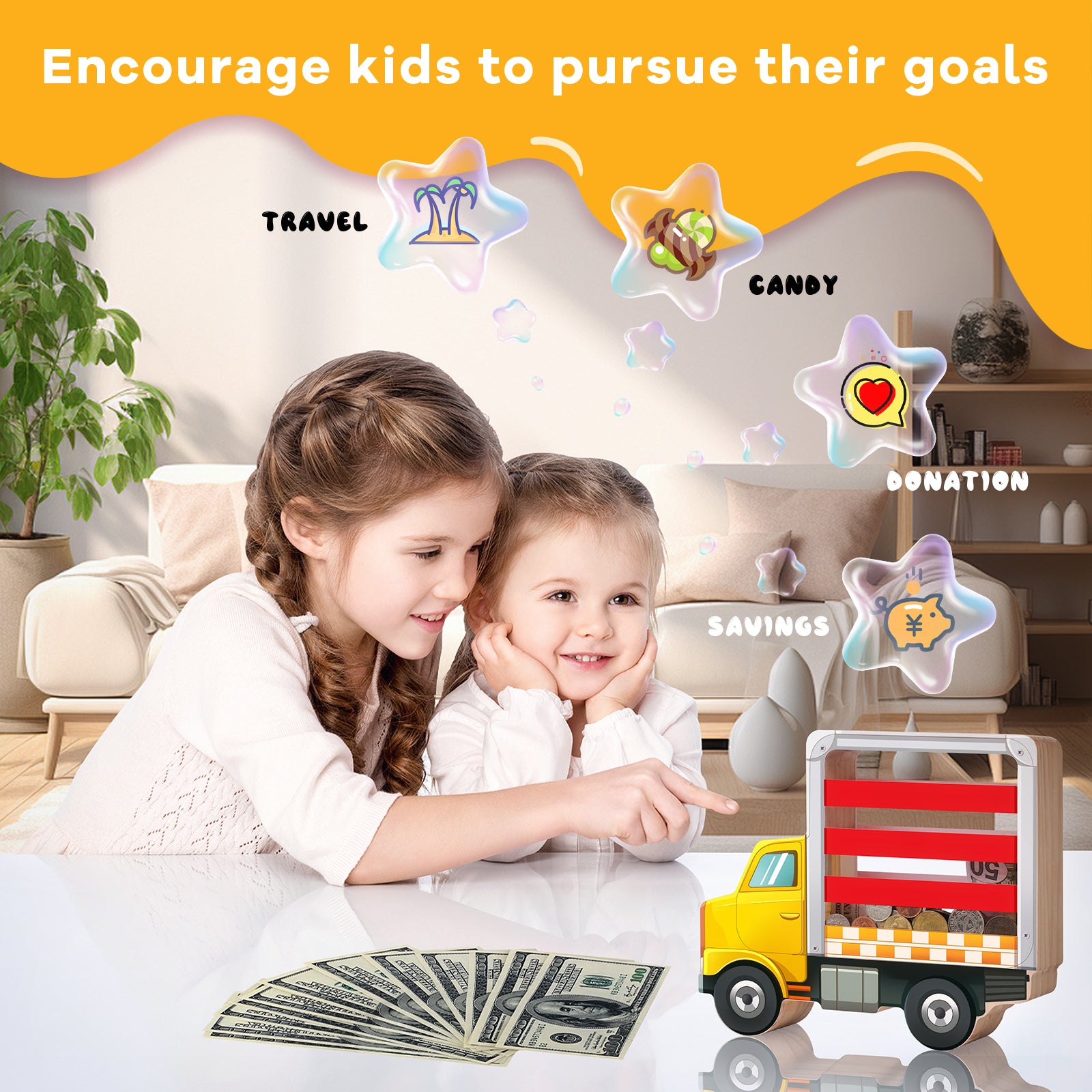 Wooden Truck Coin Bank with Double Transparent Sides – Fun & Durable Piggy Bank for Kids