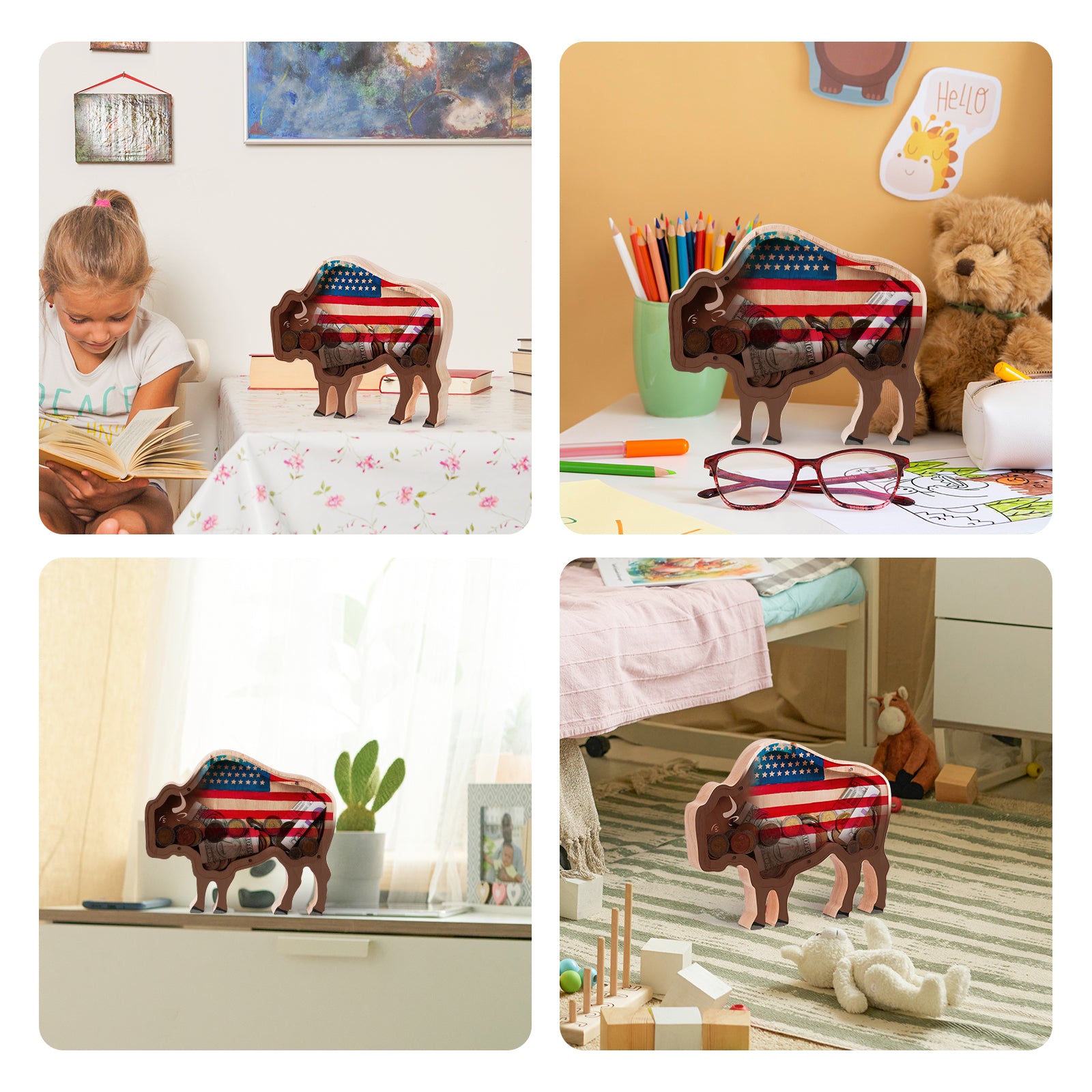 Wooden Bison Piggy Bank – Fun & Safe Money Box for Kids & Bull Lovers