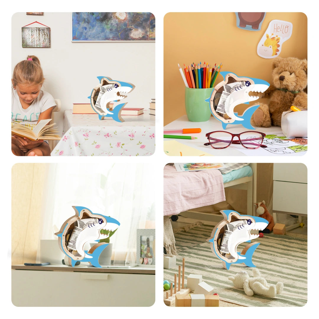 Wooden Shark Piggy Banks for Kids, Adorable Shark Piggy Bank with Acrylic Panels, Unbreakable Toddler Money Box for Boys Girls, Cute Saving Coin Jar for Birthday, Décor