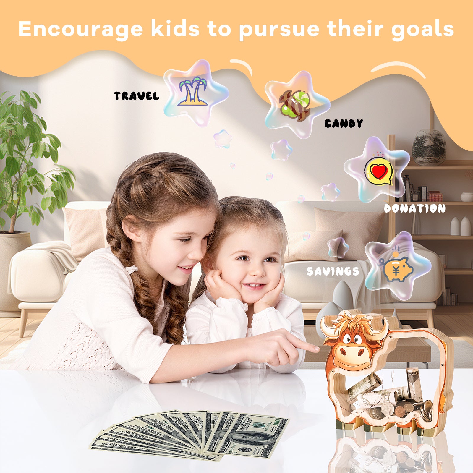 Wooden Cow Piggy Bank - Adorable Barnyard Money Keeper with Transparent Panels