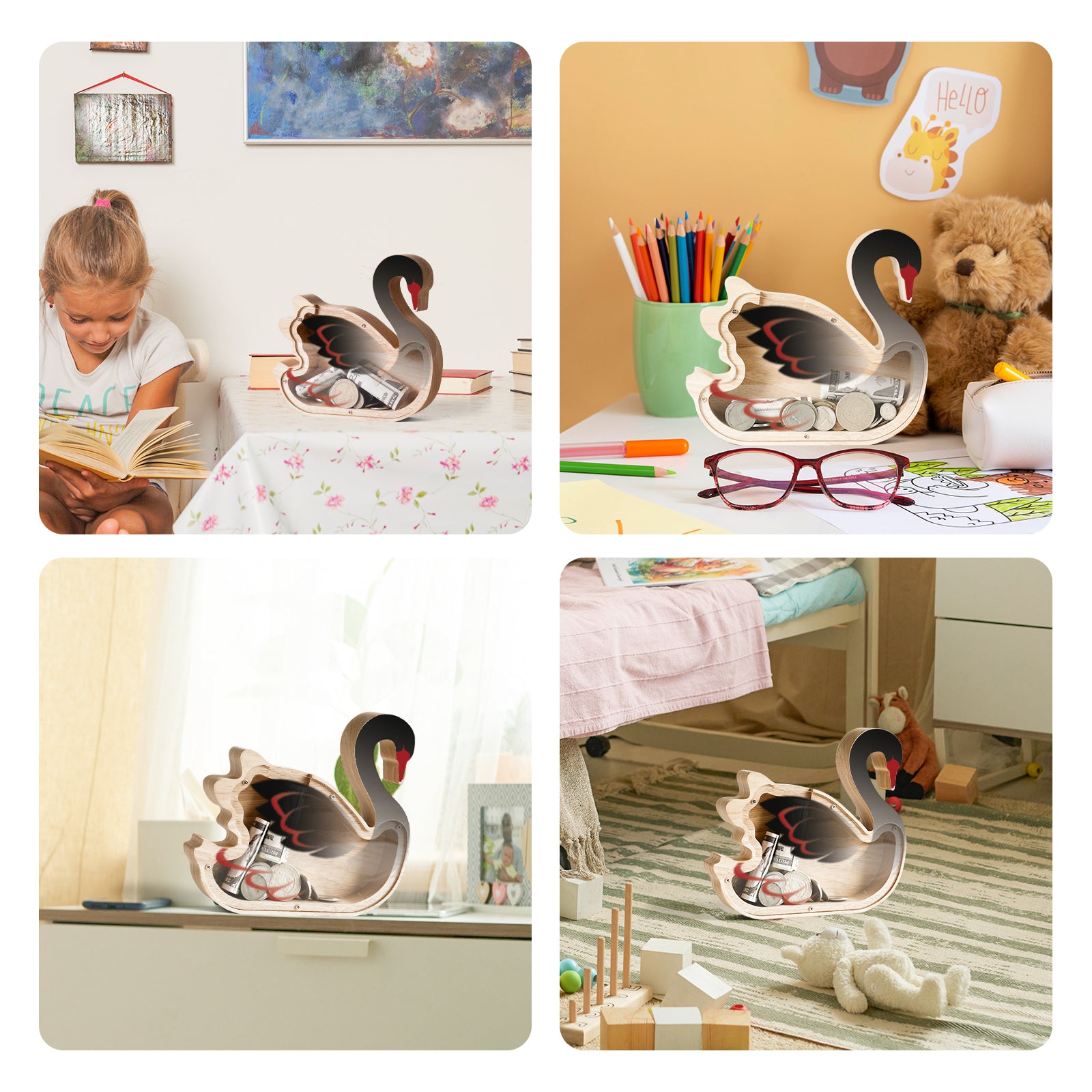 Elegant Black Swan Wooden Coin Bank – Single-Sided Acrylic Design, Decorative Gift for Kids & Families