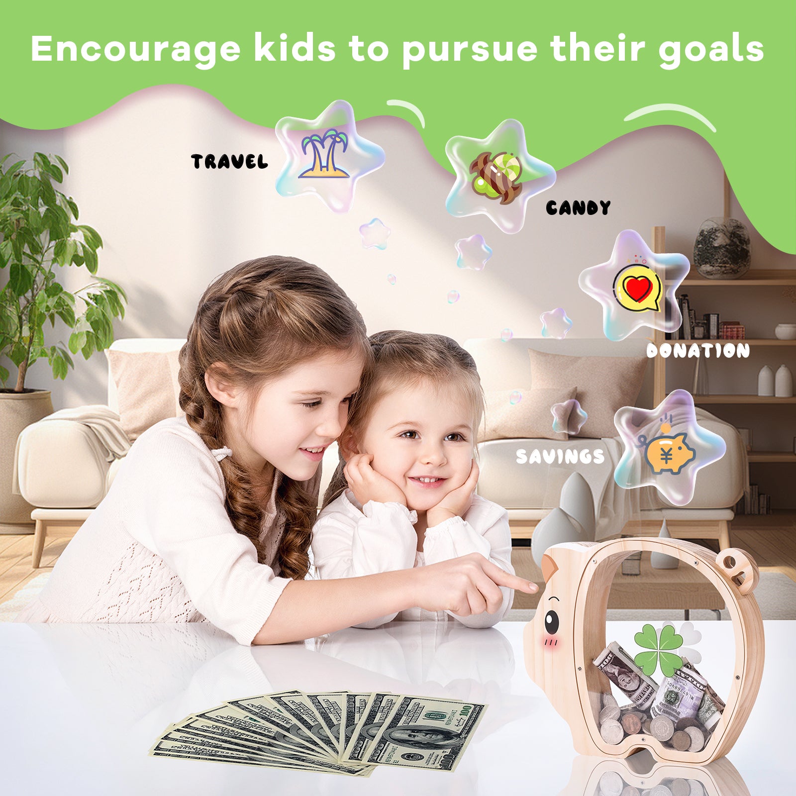 Wooden Piggy Bank - Classic Money Keeper with Modern Transparent Design