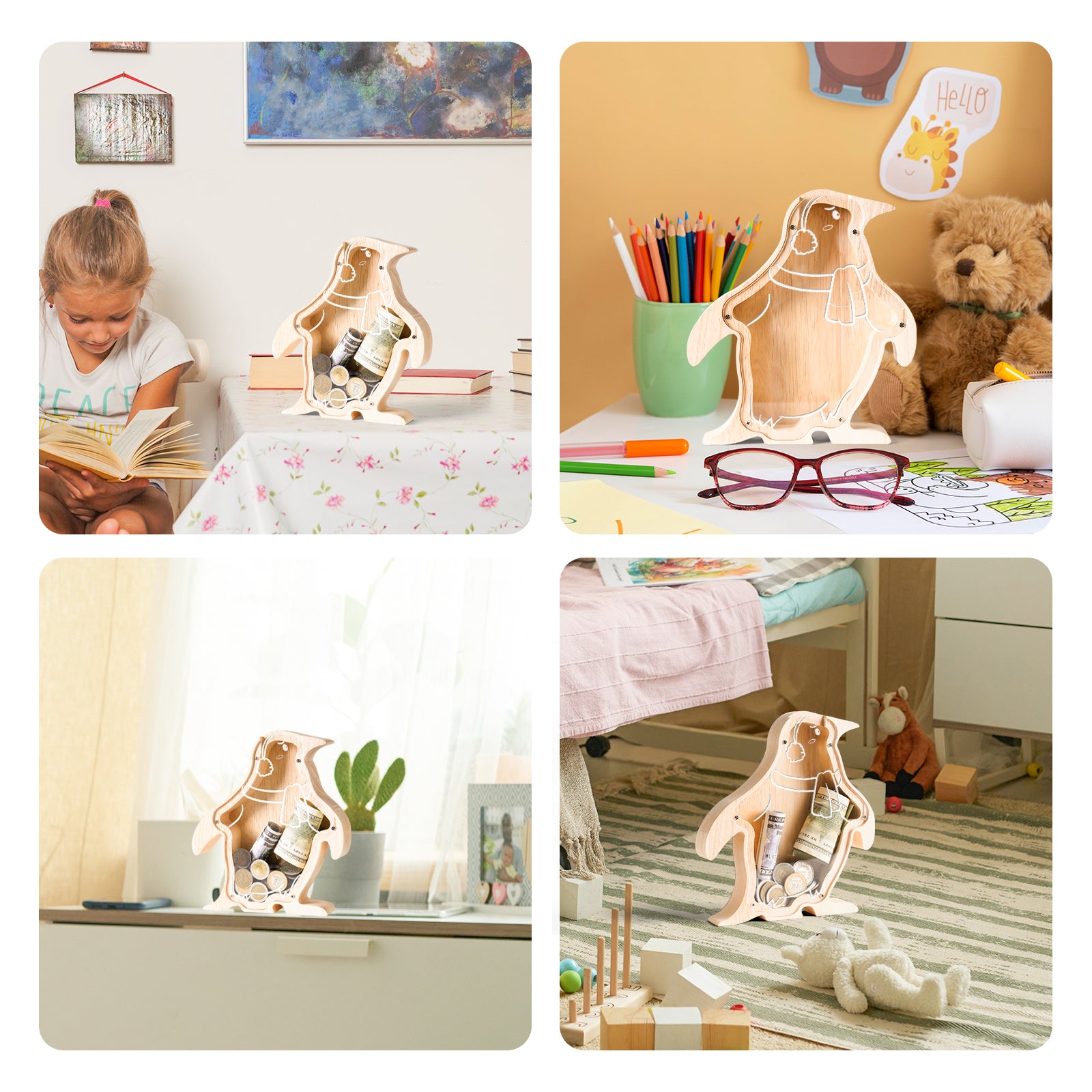 Wooden Penguin Piggy Bank: Animal Style, Indestructible, Great Gift