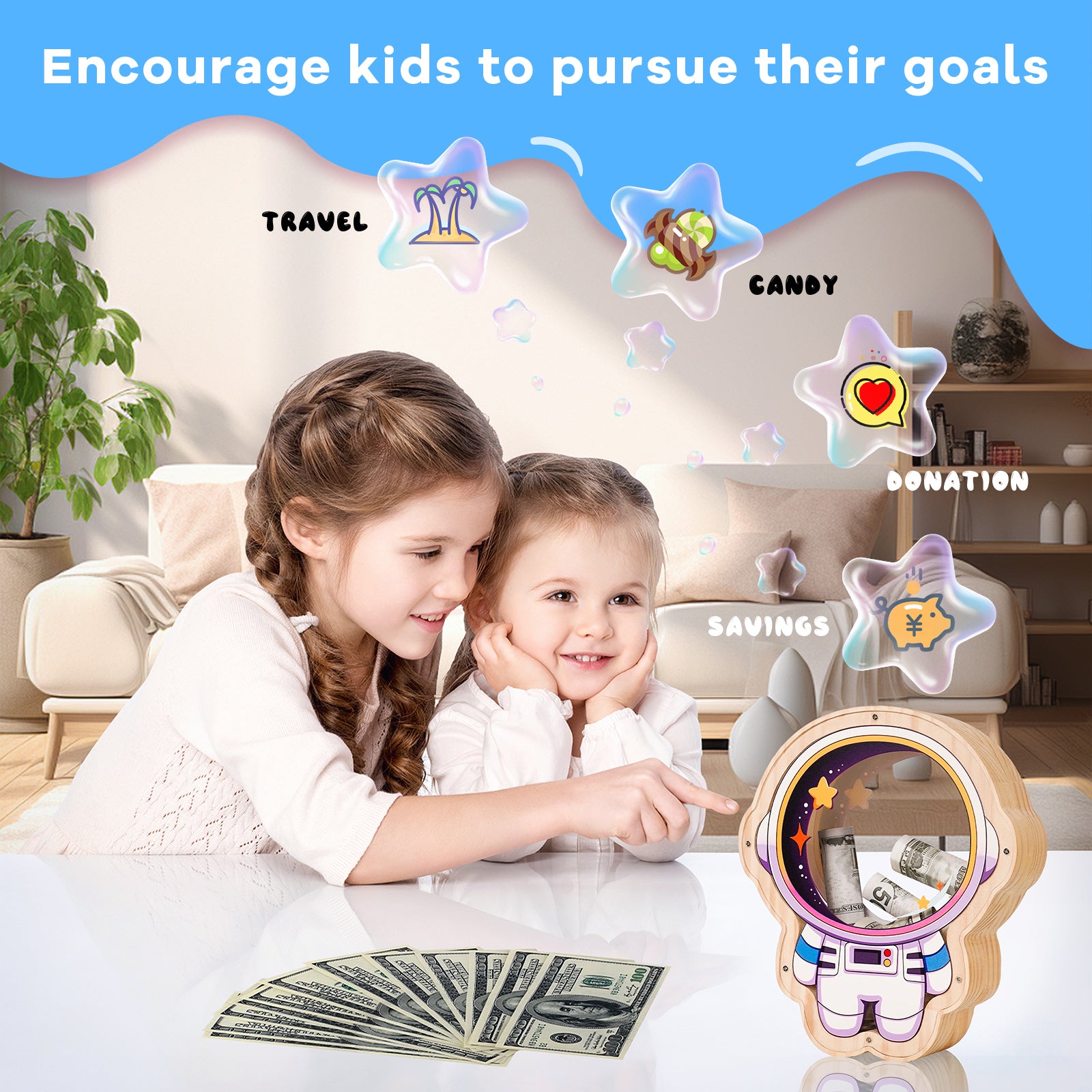 Wooden Astronaut Piggy Bank for Kids – Transparent Acrylic Money Box, Real Wood Space-Themed Coin Bank Gift