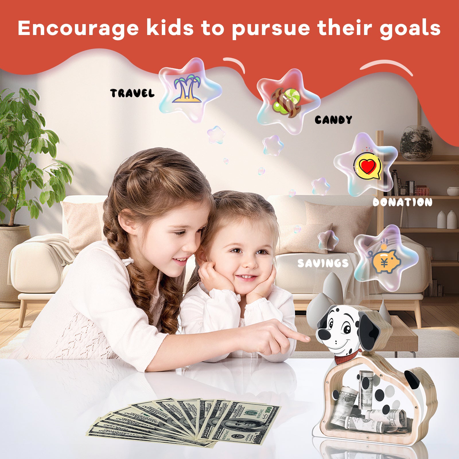 Wooden Dog Piggy Bank - Spotted Savings Fun with Personalization Stickers