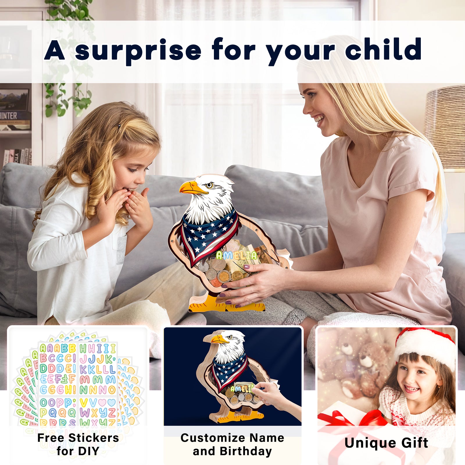 American Eagle Wooden Coin Bank – Patriotic Gift for Kids, Grandchildren, and Families