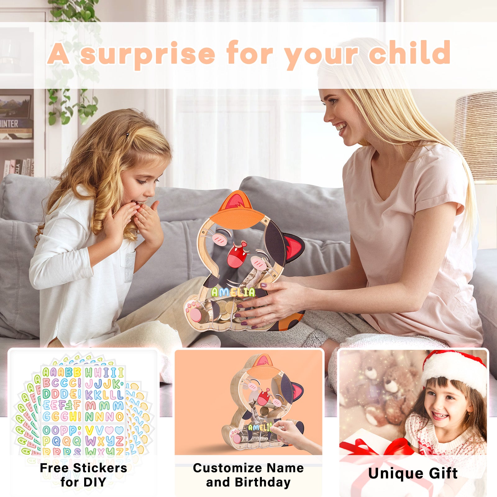 Wooden Cat Piggy Bank for Kids, Cute Money Box with Acrylic Panels, Unbreakable Toddler Saving Coin Jar for Boys Girls, Kids Coin Bank with Letter Sticker for Birthday, Christmas, Home Décor