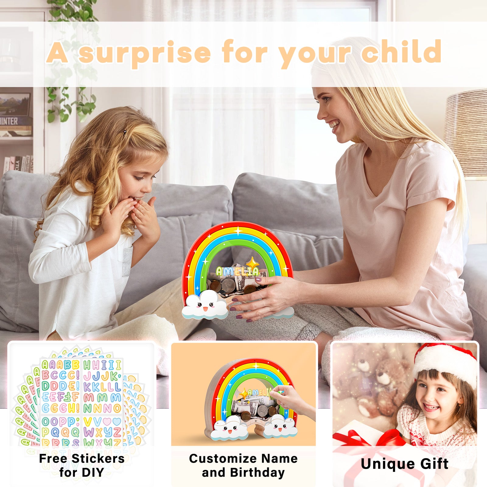 Rainbow Money Bank with Cloud Design – Fun & Cute Coin Bank for Kids