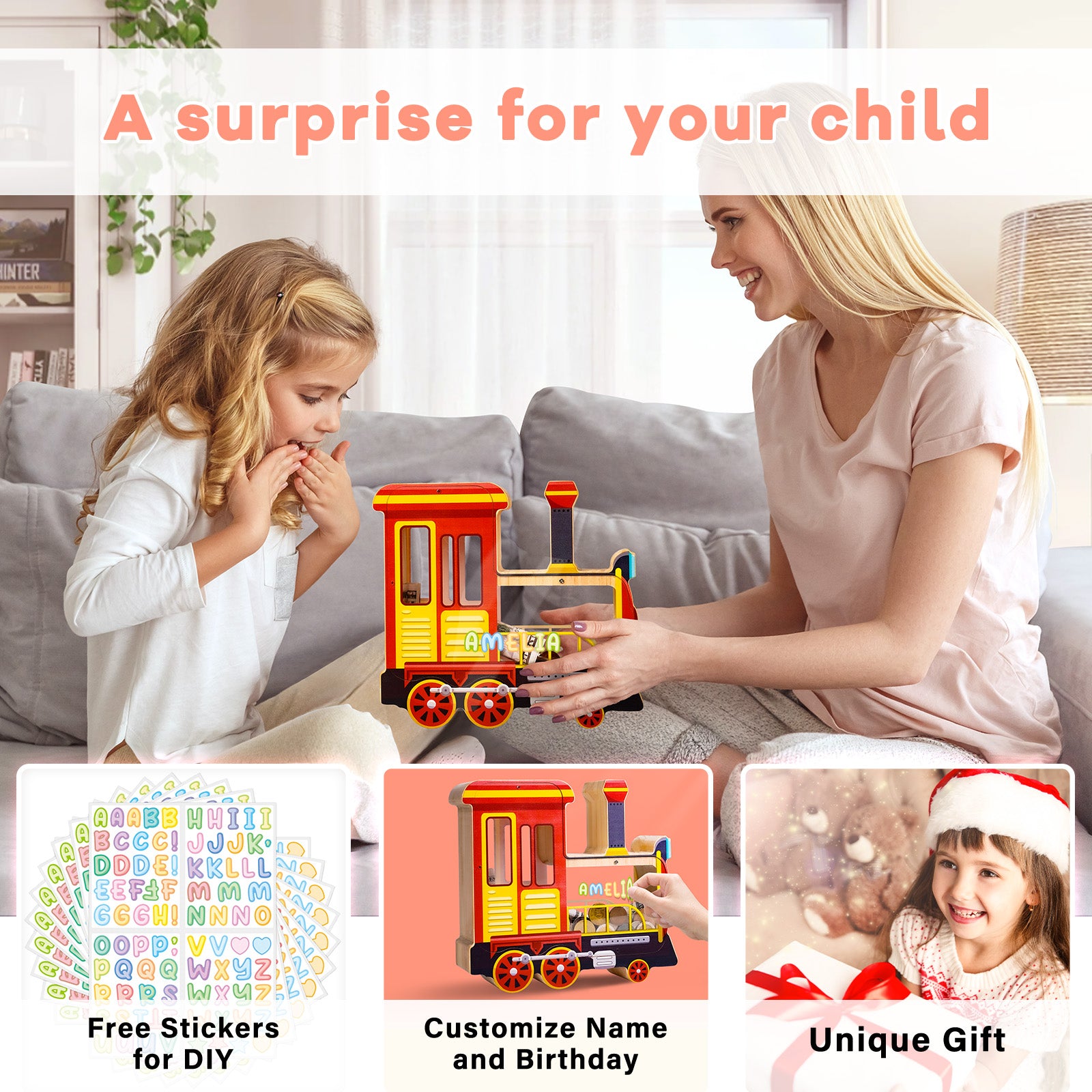 Wooden Locomotive Piggy Bank for Kids, Train Money Box with Acrylic Panels