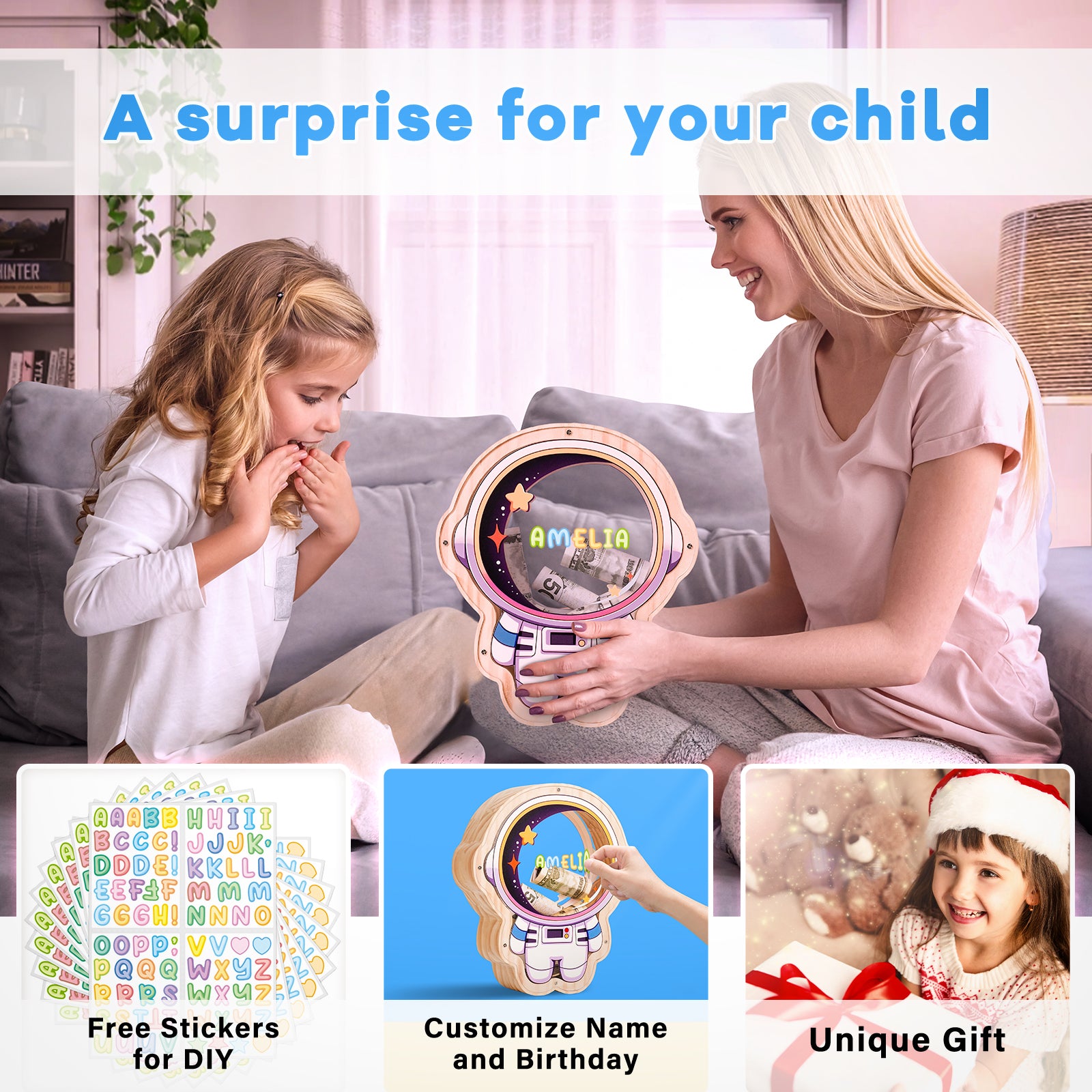 Wooden Astronaut Piggy Bank for Kids – Transparent Acrylic Money Box, Real Wood Space-Themed Coin Bank Gift