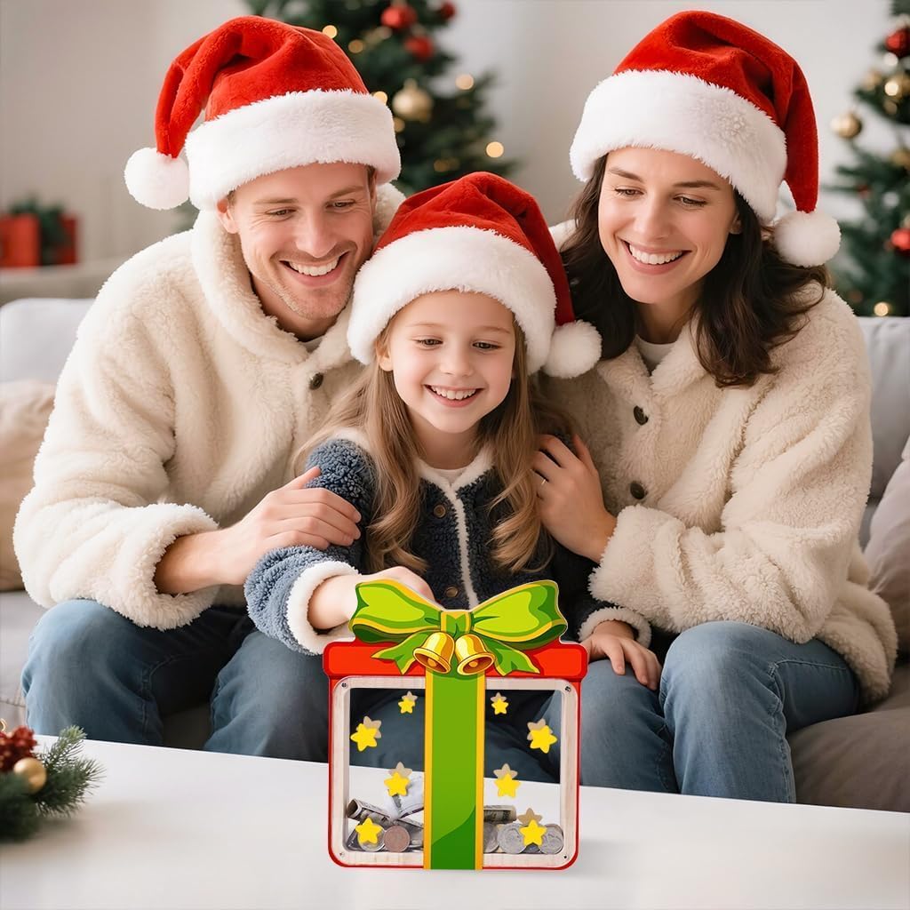 Wooden Christmas Piggy Bank for Kids, Gift Box Piggy Bank with Acrylic Panels