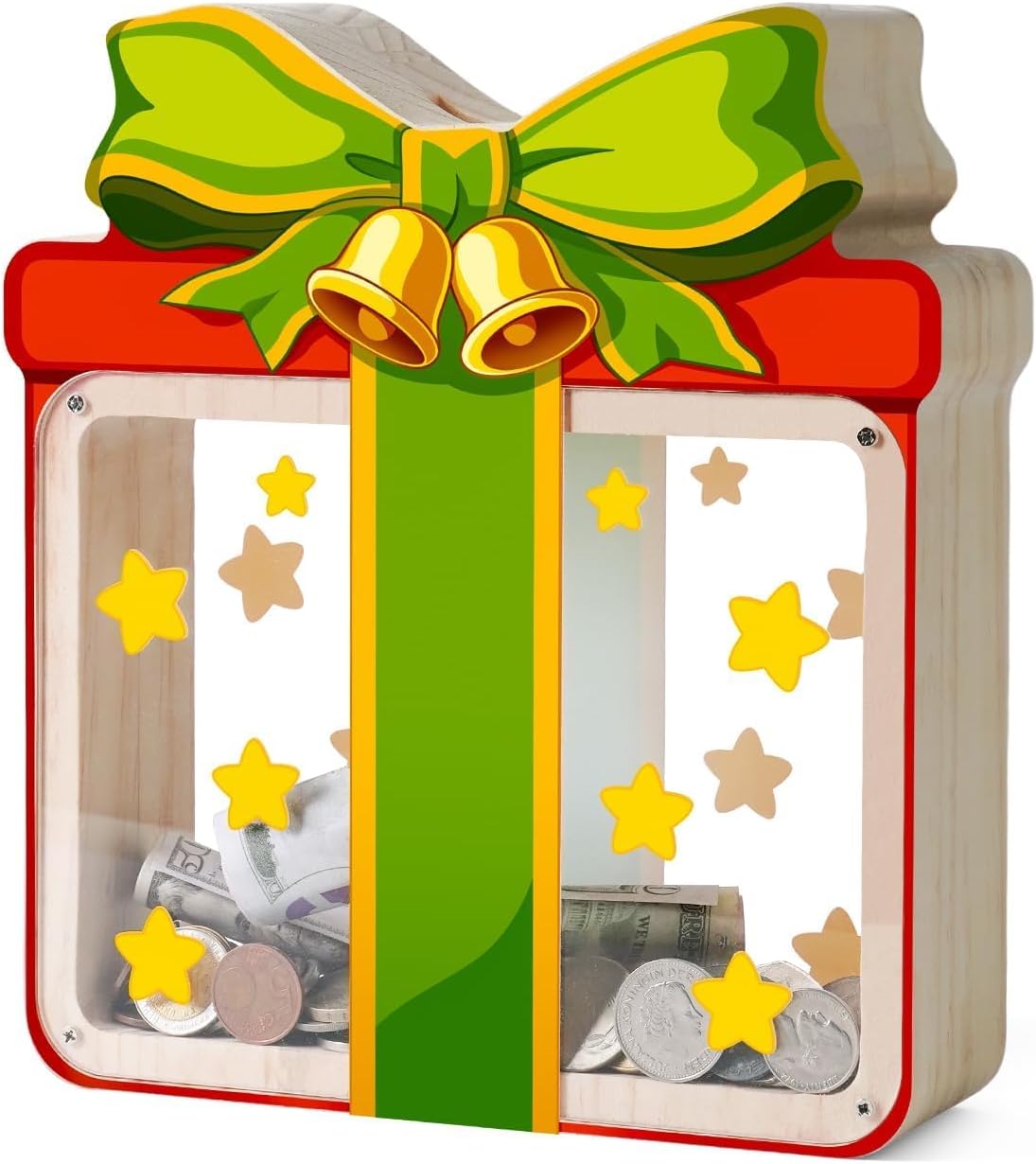 Wooden Christmas Piggy Bank for Kids, Gift Box Piggy Bank with Acrylic Panels